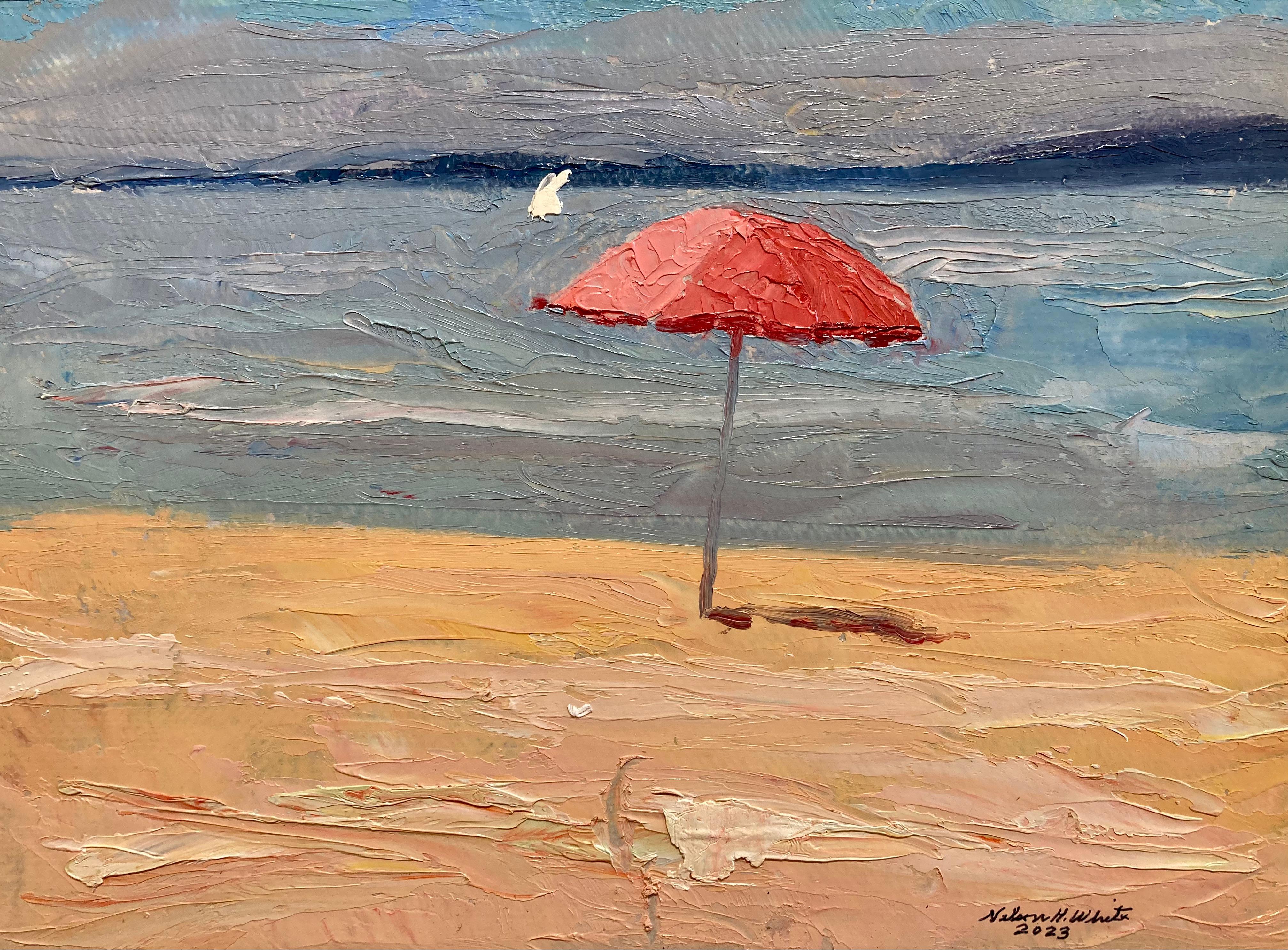 A 2023 painting from the plein air painter, and American Impressionist, Nelson Holbrook White. White depicts one of his iconic red umbrellas on a beach in Long Island, NY.

Framed Dimensions: 13.5 x 17.75 inches

Artist Bio:
Nelson H. White was born