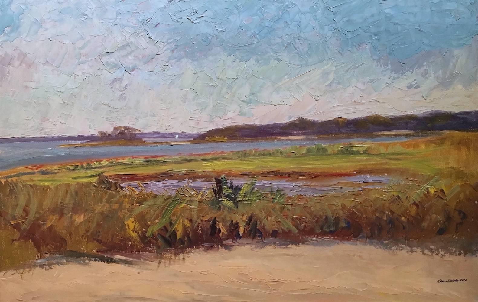 Landscape Painting de Nelson H. White - Paisaje "Mashomack Point", Paisaje Plein Air con puesta de sol
