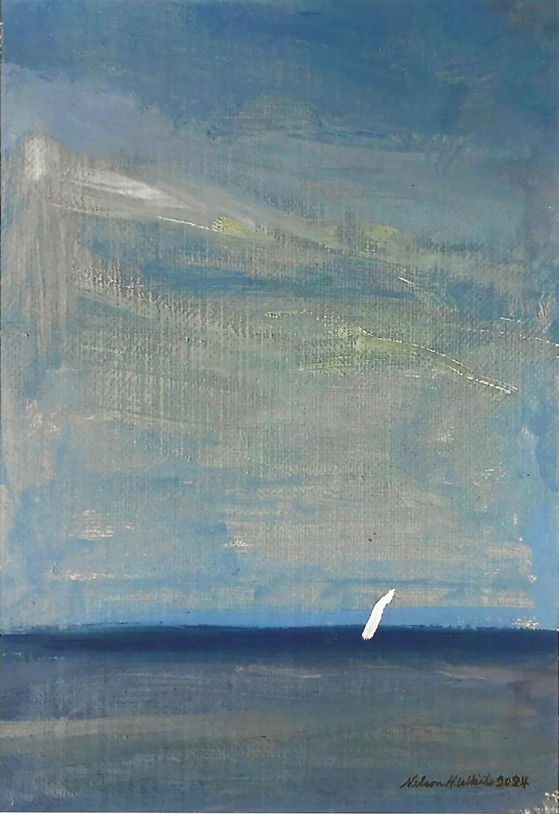 Still-Life Painting di Nelson H. White - "Mare e cielo 09.05.2024" dipinto ad olio di acqua e cielo blu, vela, impressionismo