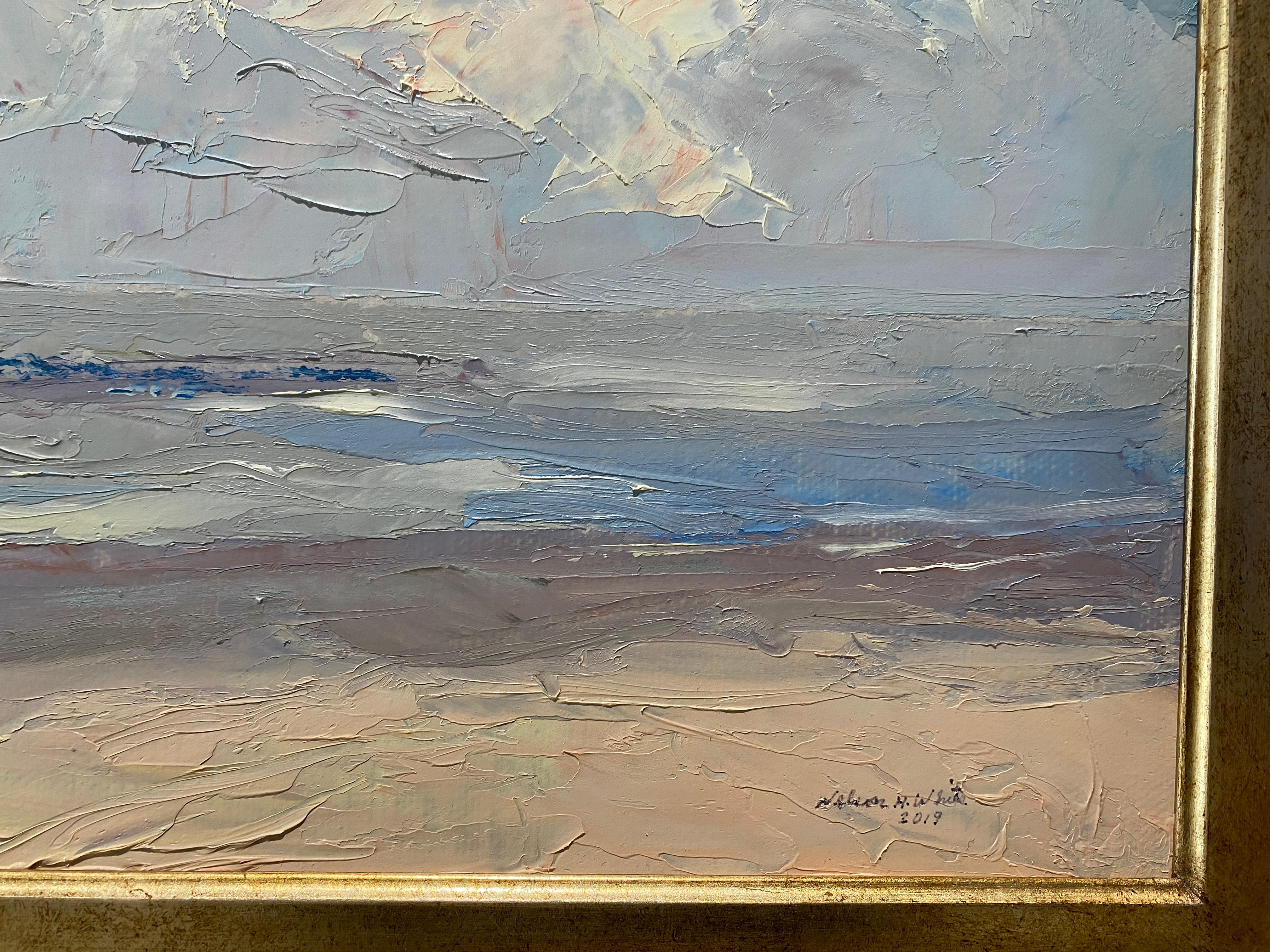 An oil painting by American impressionist Nelson H. White. Soft hues of pastel blue, seafoam green, golden yellow, deep lavender and creamy white make up that palette of this thickly painted  seascape. Painted en plein-air. 

Framed in a custom