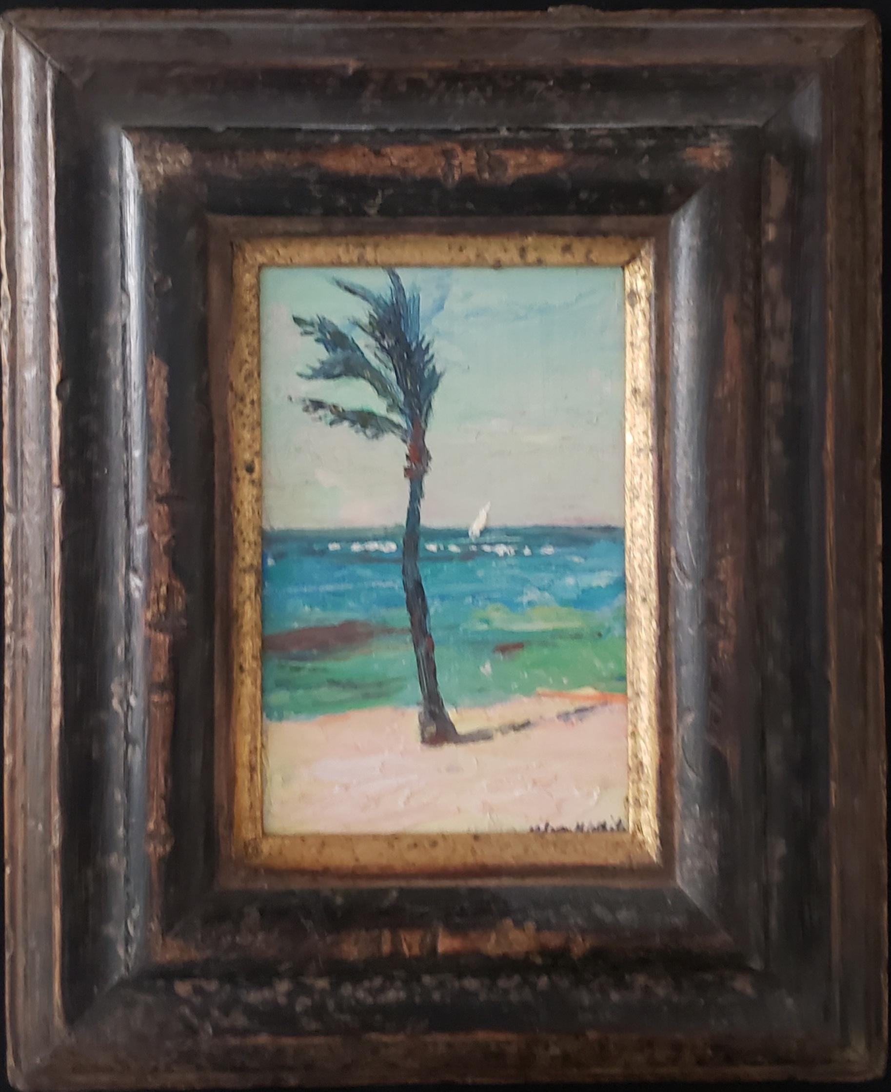 Nelson H. White Landscape Painting - The Palm Tree on Nassau, Bahamas, Impressionism, Museum Exhibits,  6" x 4"