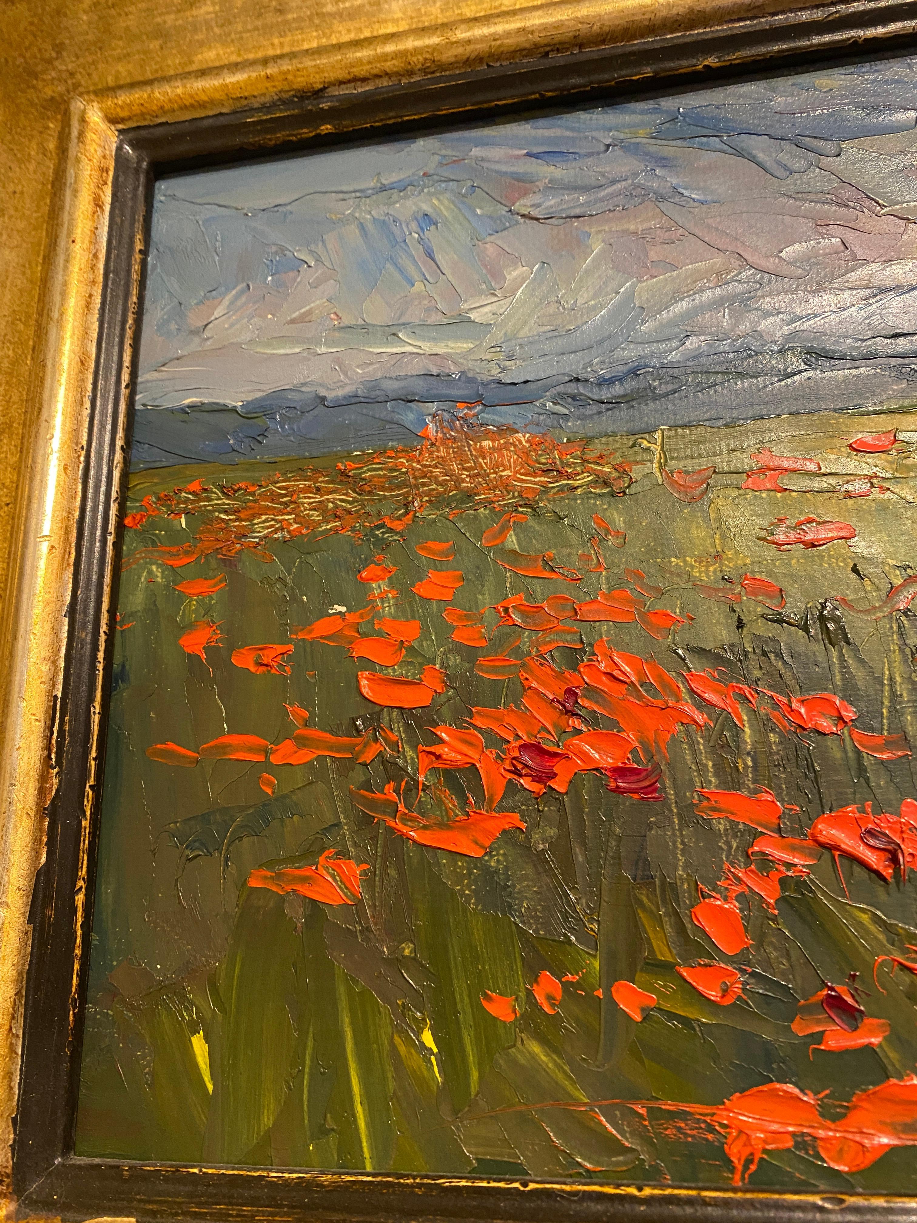 Painted en plein air in Tuscany; a vast field of poppies in Torre del Lago, Italy, Nelson White confidently lays thick dabs of color onto his panel, creating an almost abstract landscape painting. 

Framed in a custom, Italian, handmade gold leaf