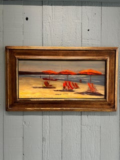 "The Red Umbrellas" Impressionist oil painting, sunbathing beach seascape framed