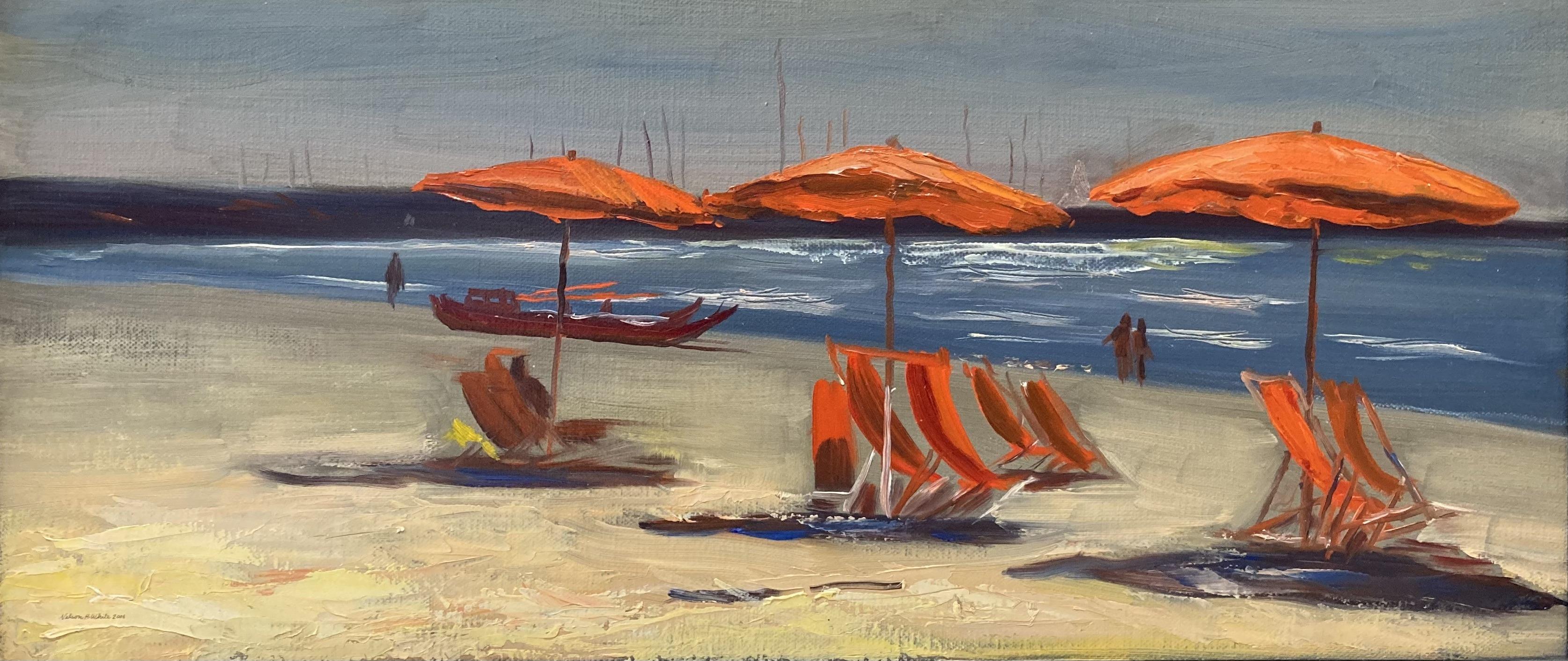 Still-Life Painting de Nelson H. White - "Los paraguas rojos" Pintura al óleo impresionista, paisaje marino de playa tomando el sol enmarcada