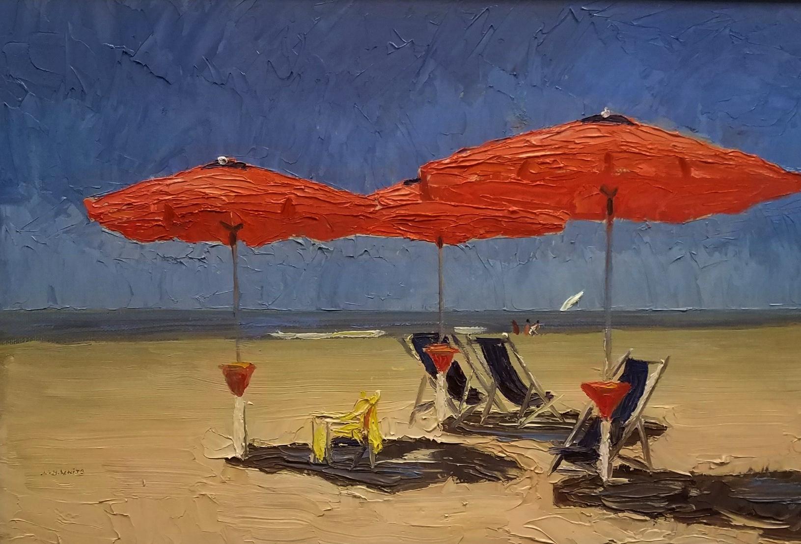 Nelson H. White Landscape Painting - The Red Umbrellas, Italian Beach, Individual Style, Outdoor and Nature 