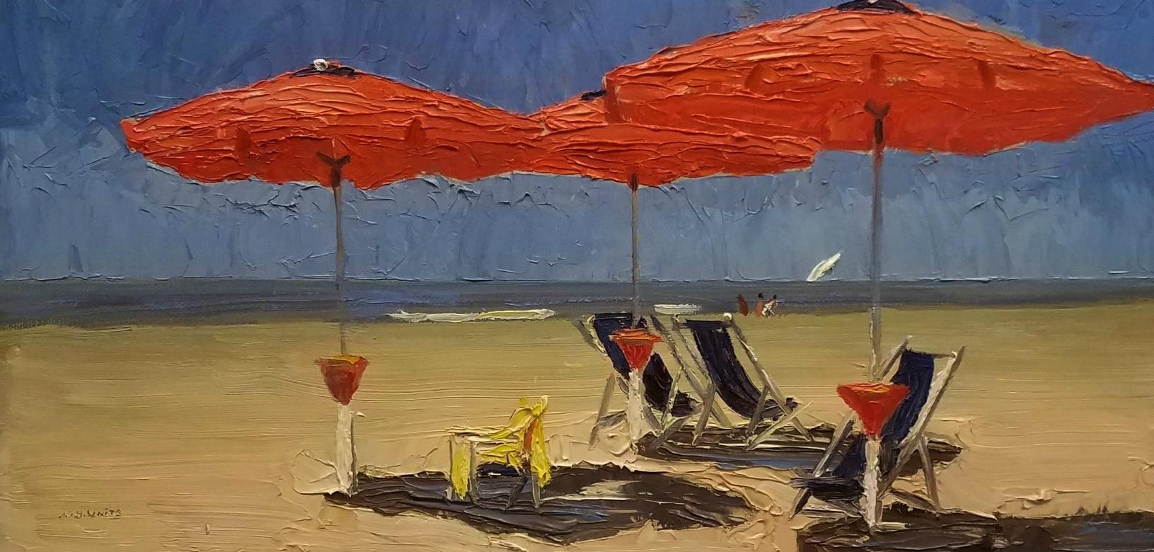 The Red Umbrellas, Italian Beach, Individual Style, Outdoor and Nature  - Painting by Nelson H. White
