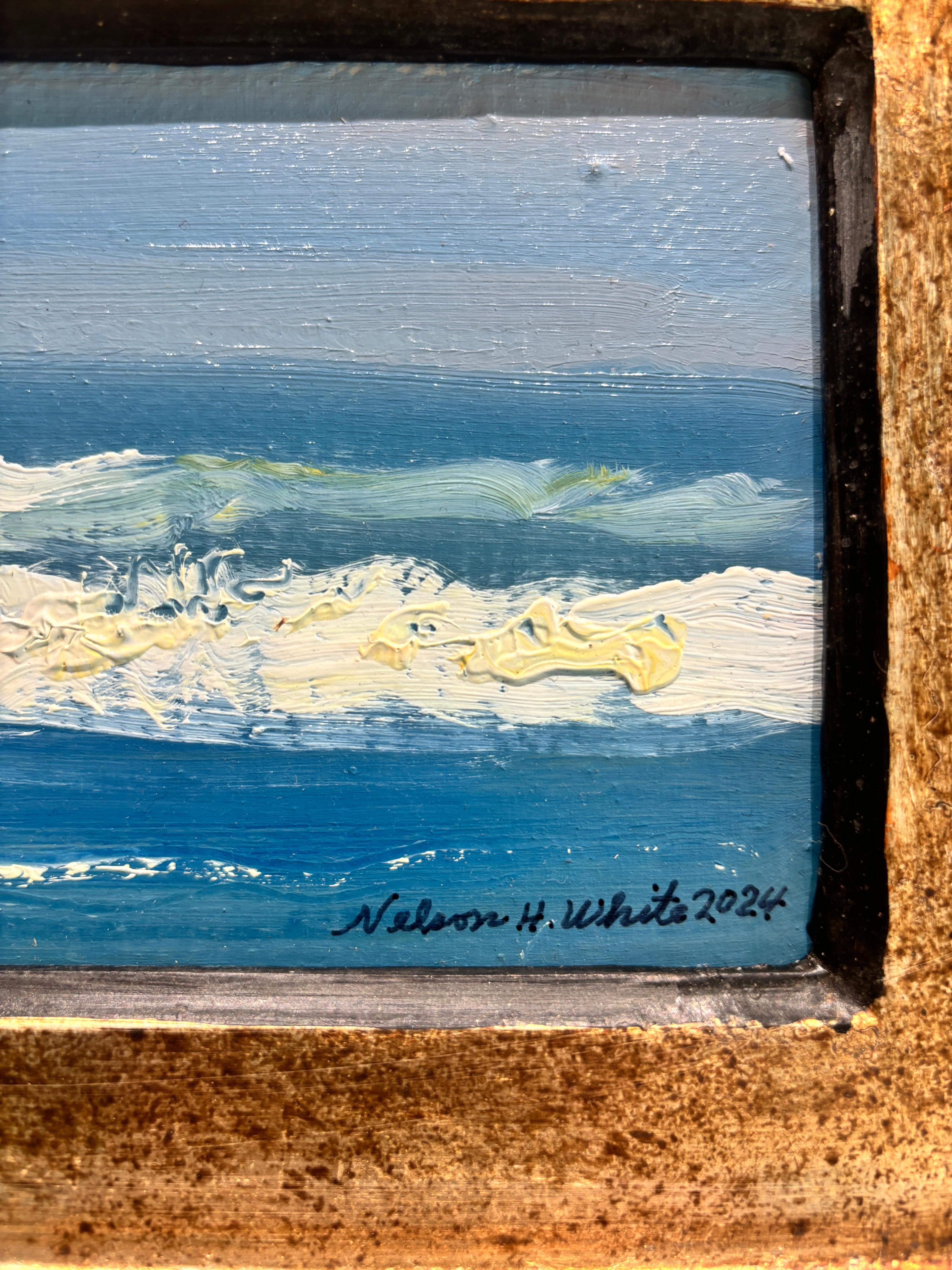 The Waves 09.28.2024 is an oil painting by American Impressionist Nelson H. White. A calm blue sky meets the ocean in a the distant horizon. Waves break in the foreground, forming white-caps, painted in thick white strokes, connotting the chaotic