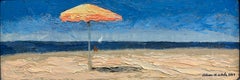 "The Yellow Umbrella 10.26.2024" peinture à l'huile, impressionniste contemporaine, plage.