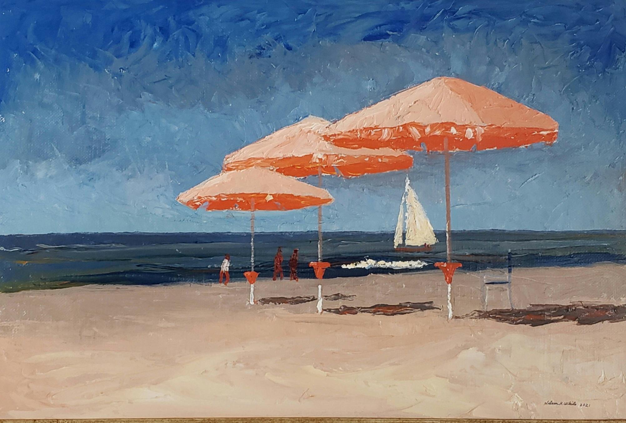GERAHMTE GRÖSSE IST 21 X 29
Die italienischen Strände  sind ein häufiges Thema in den Gemälden von Nelson White, wie auf diesem 16 x 20 großen Ölgemälde von Nelson White zu sehen ist.   Der Titel für diesen italienischen Strand ist Viareggio. Seine
