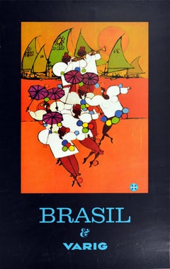 Original Vintage Travel Poster Brazil Brasil Varig Rio Carnival Frevo Capoeira