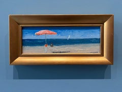 "Bagno La Salute 9.29.2024" Oil Painting, Red Umbrella, Signed, 6.25 x 13inches