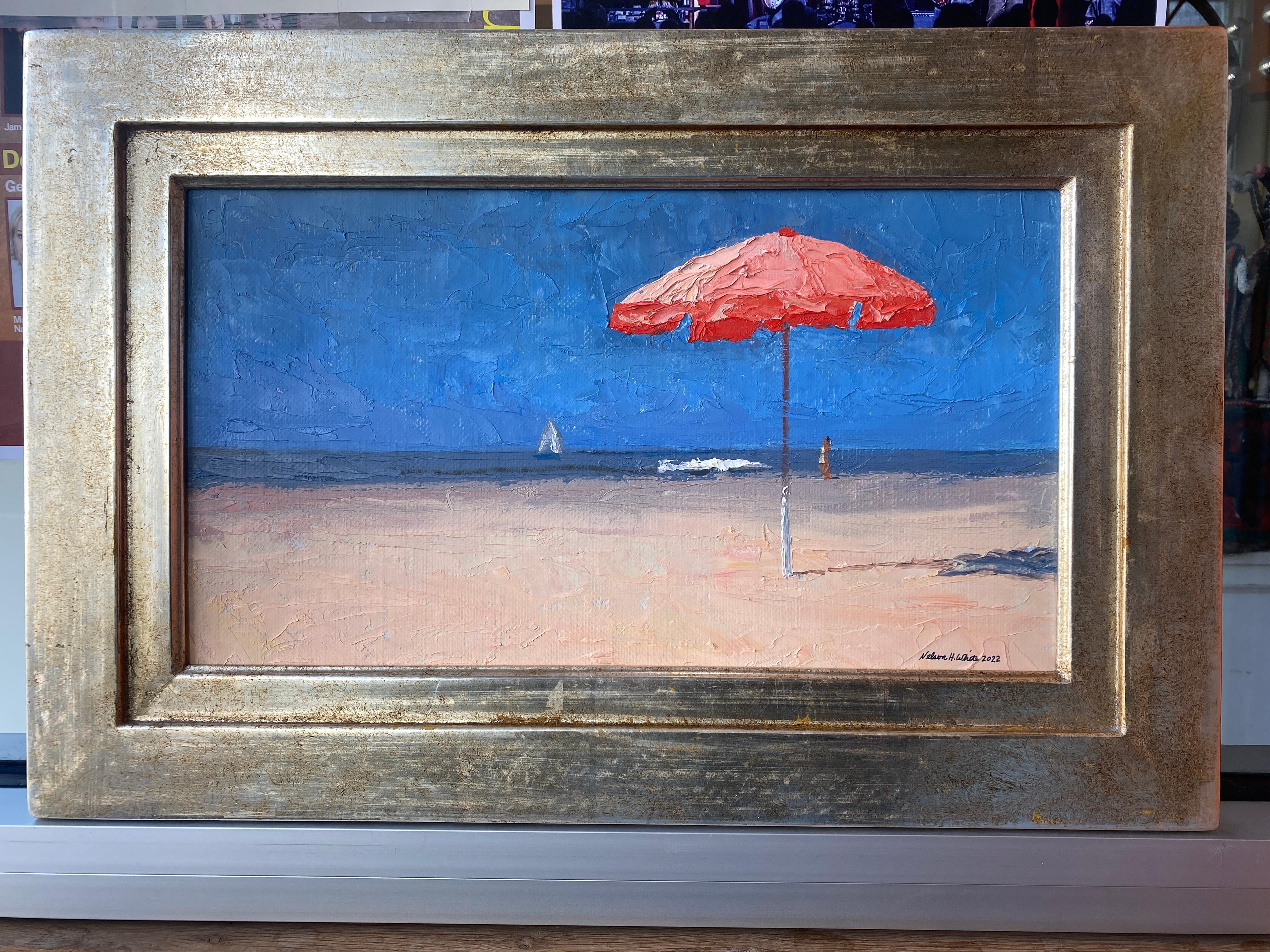 Bagno Martinelli 10.03.22 - American Impressionist painting of beach umbrella For Sale 7