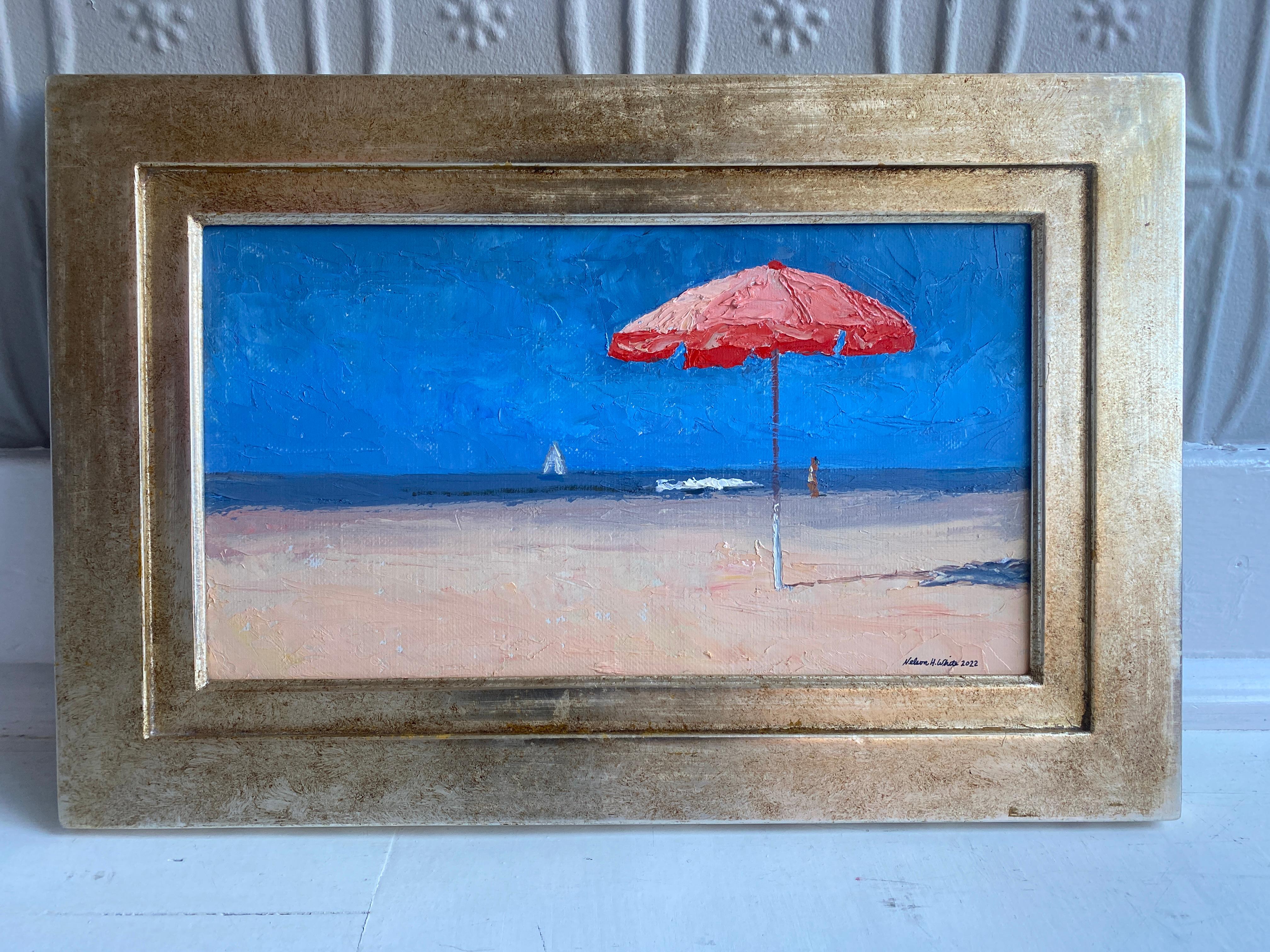 Bagno Martinelli 10.03.22 - American Impressionist painting of beach umbrella - Painting by Nelson White