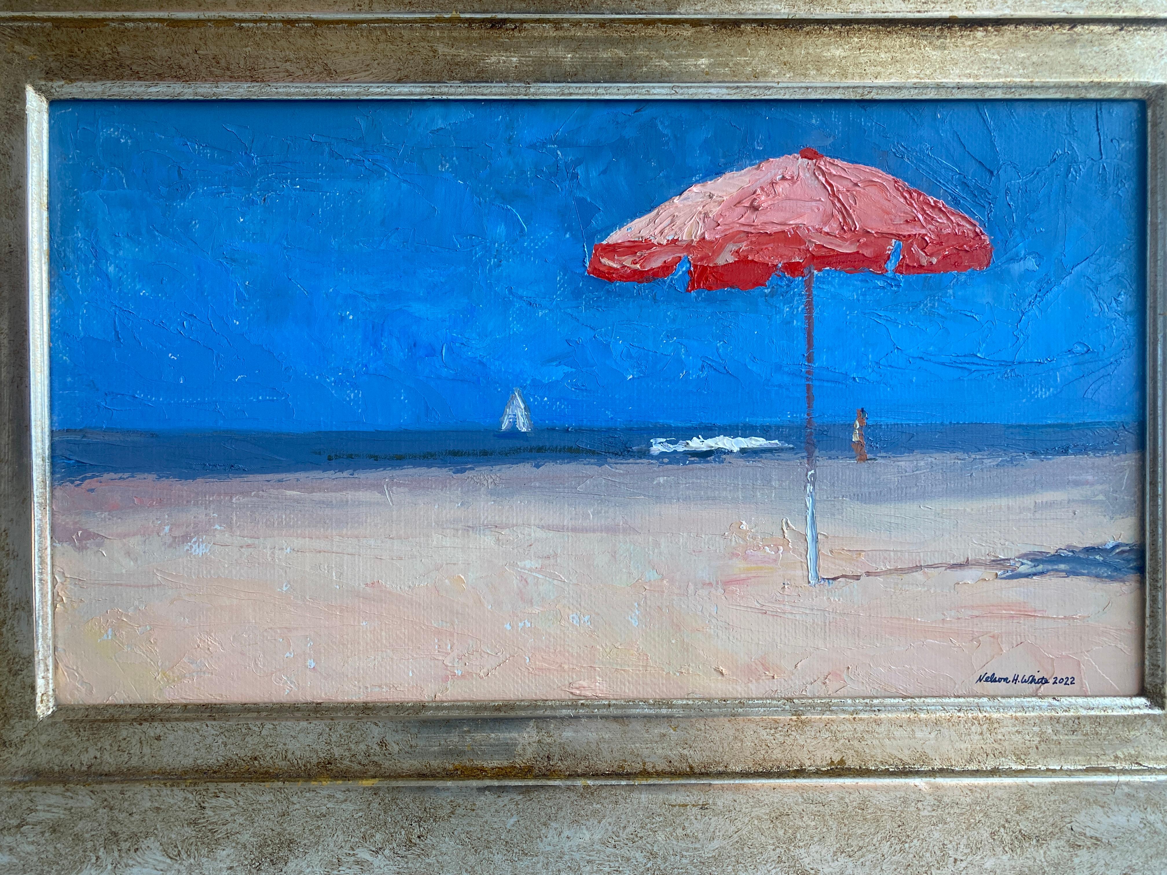 A plein air painting of Nelson White's classic umbrella—a symbol of the quintessential summers day. His beach scenes have a way of taking his viewer into a world of nostalgia and the joy of a carefree moment. A vista of rich blue sky above a horizon