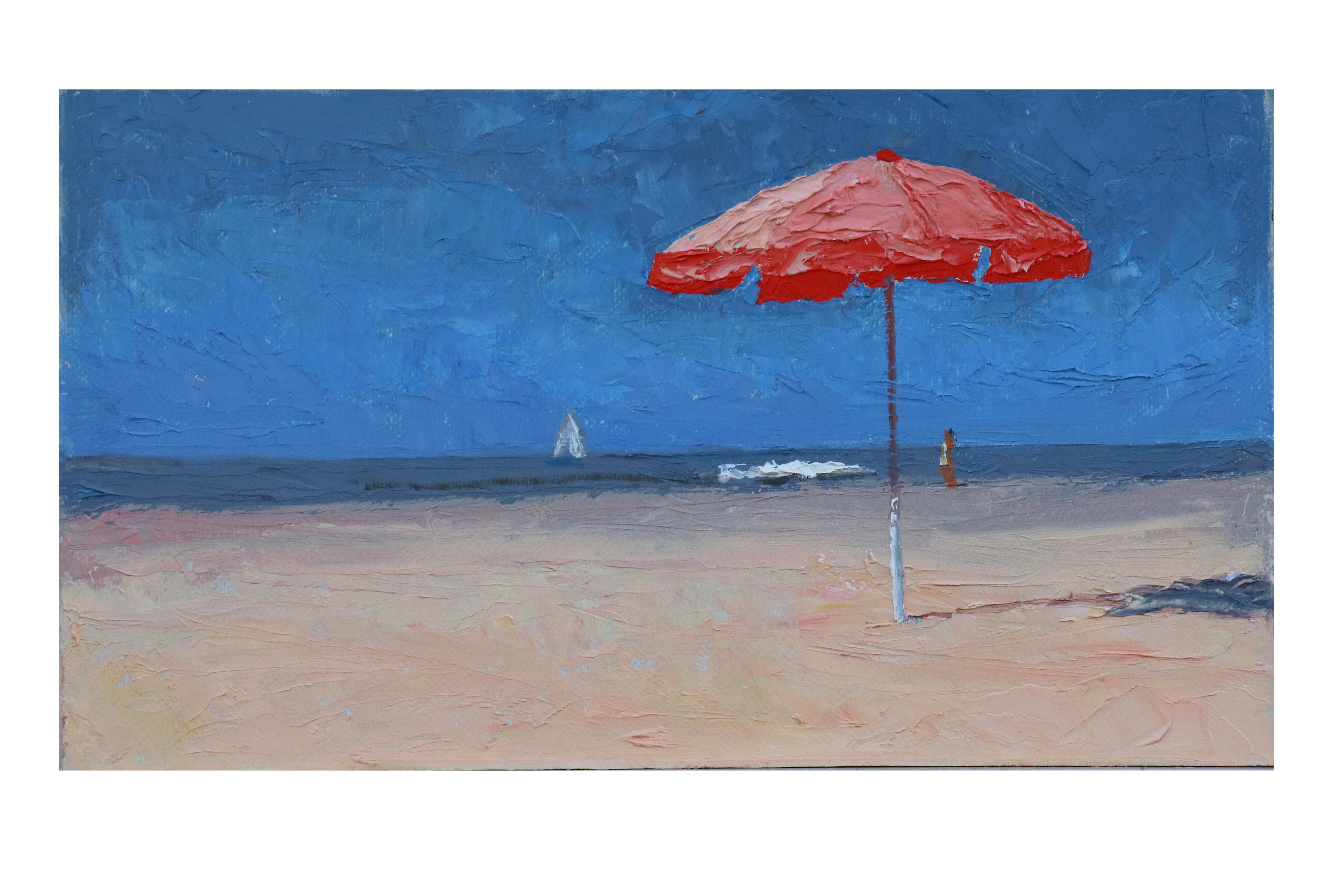 Nelson White Landscape Painting - Bagno Martinelli 10.03.22 - American Impressionist painting of beach umbrella