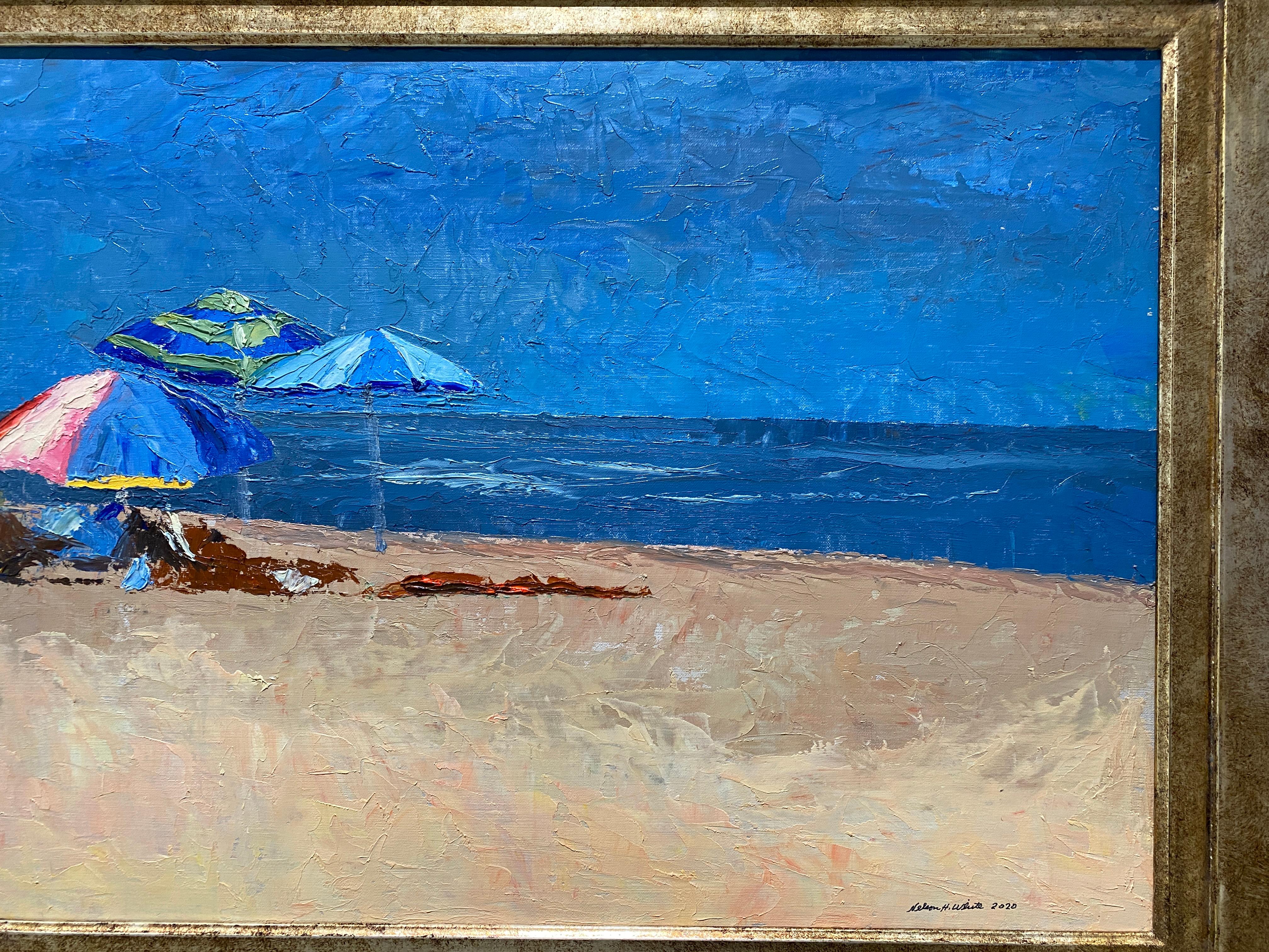 An oil painting of a beach landscape. Painted en plein-air in Southampton, NY at the famous Coopers Beach. Three umbrellas are posted in the sand, creating shade for abstract figures, barely decipherable in brown pigments. Painted thickly with oil