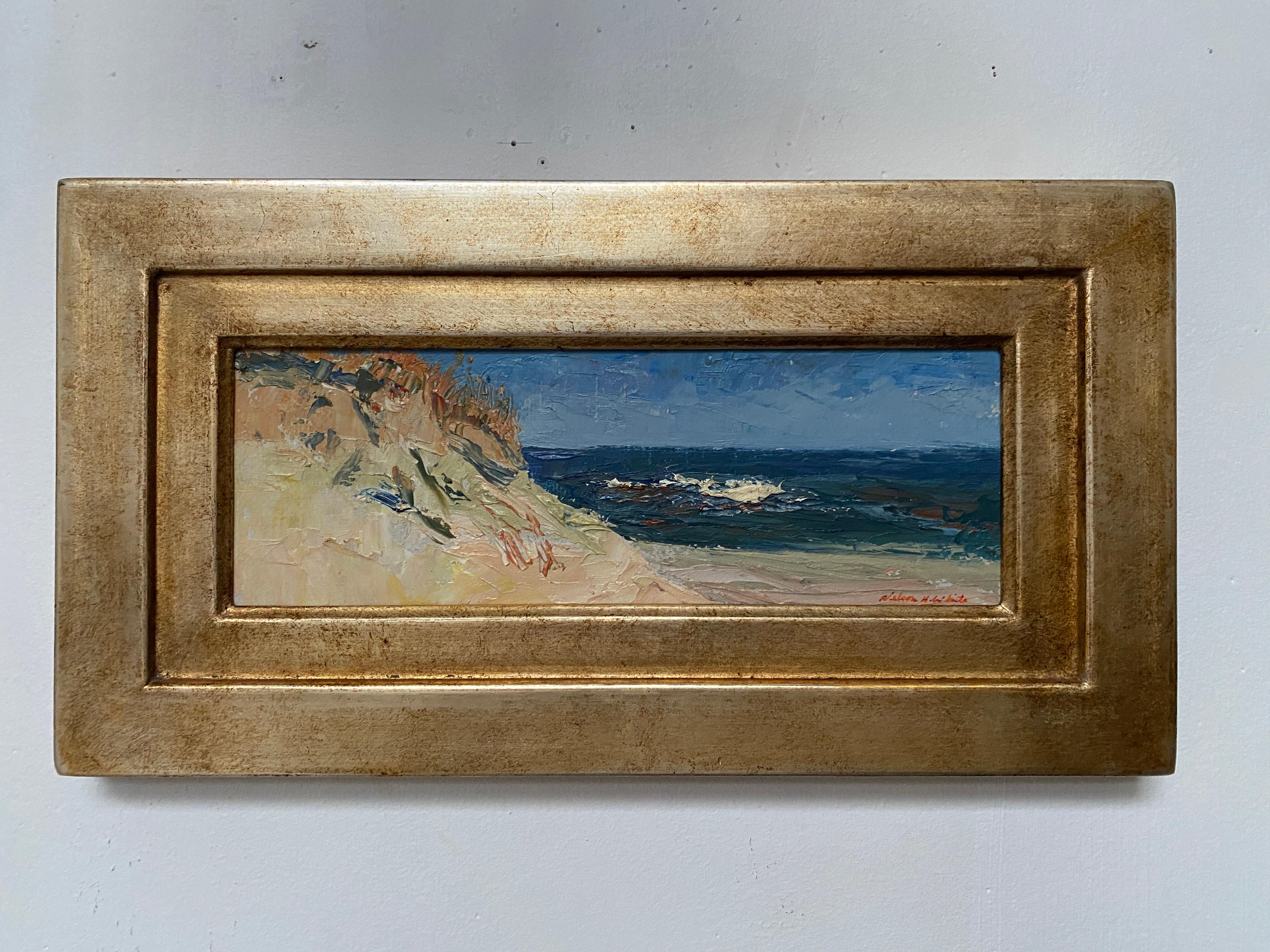 A blue sky sets the tone of the scene, as it often does in Nelson White's paintings. In the foreground the dunes are topped with flowing tall grass leading the viewer's eyes to the lively waves in the distance, executed with White's masterful