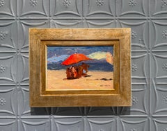 "Coopers Beach, Southampton, LI 08.03.2020" Oil painting, red beach umbrella