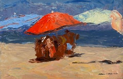 "Coopers Beach, Southampton, LI 08.03.2020" Oil painting, red beach umbrella