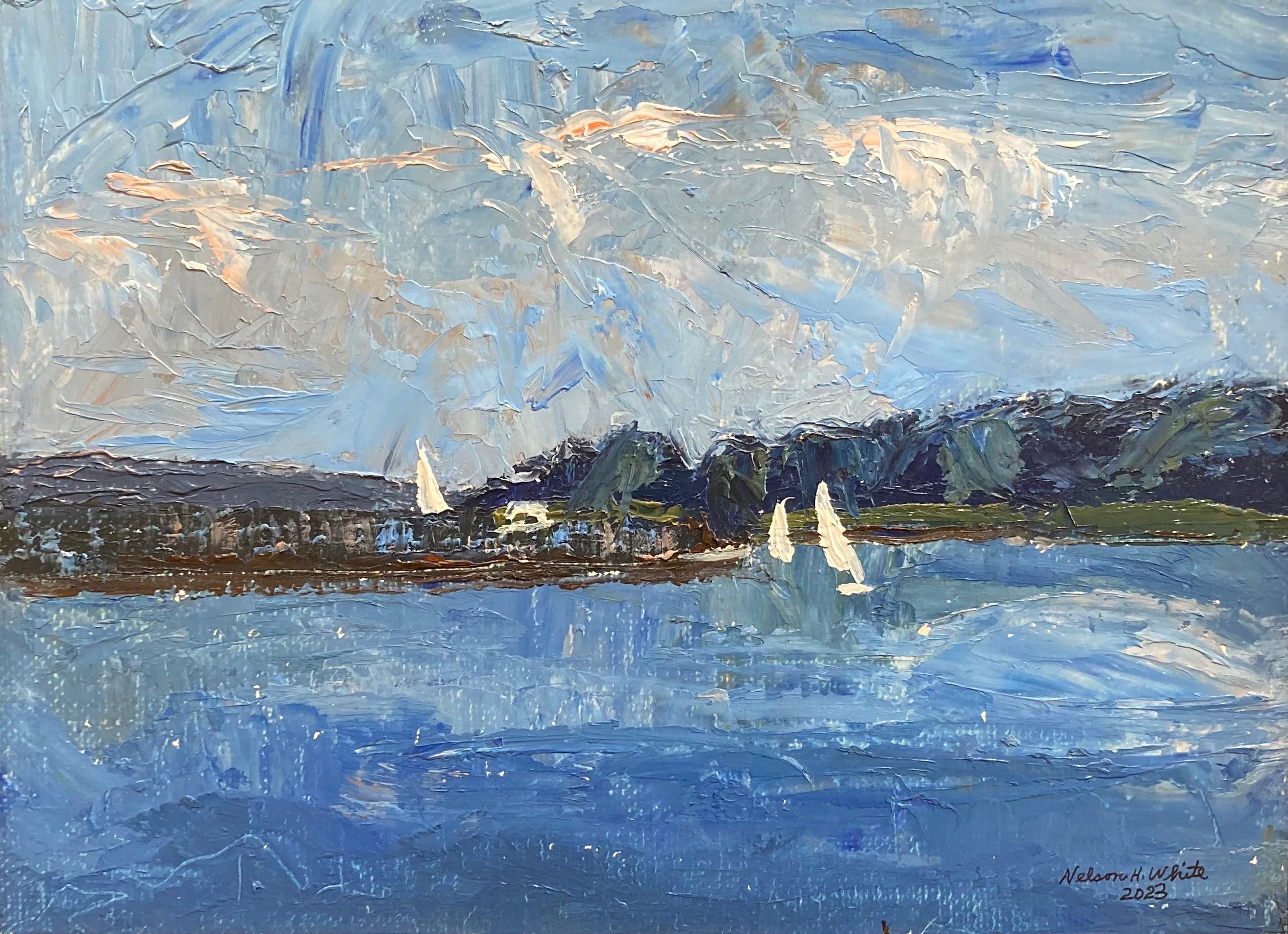 Nelson White Landscape Painting – „Dering Harbor, Shelter Island 6.19.2023“ Amerikanische impressionistische Landschaft des Impressionismus, NY