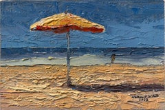 "Marine 2022" Oil Painting, impressionist, summer seascape yellow beach umbrella
