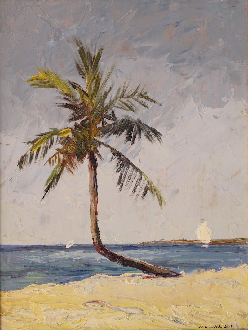 "Nassau, Bahamas 12.18.2019" oil painting of palm tree beach seascape gold frame - Art by Nelson White
