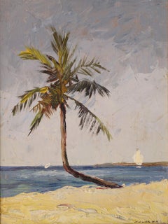 "Nassau, Bahamas 12.18.2019" oil painting of palm tree beach seascape gold frame