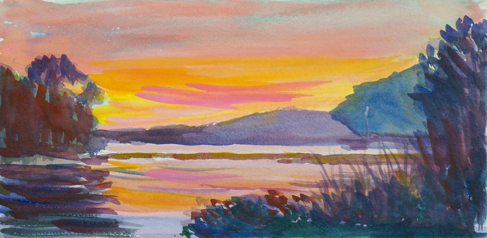 Landscape Painting di Nelson White - "Tramonto (Shelter Island) 06.06.2021" acquerello di paesaggio marino e cielo colorato