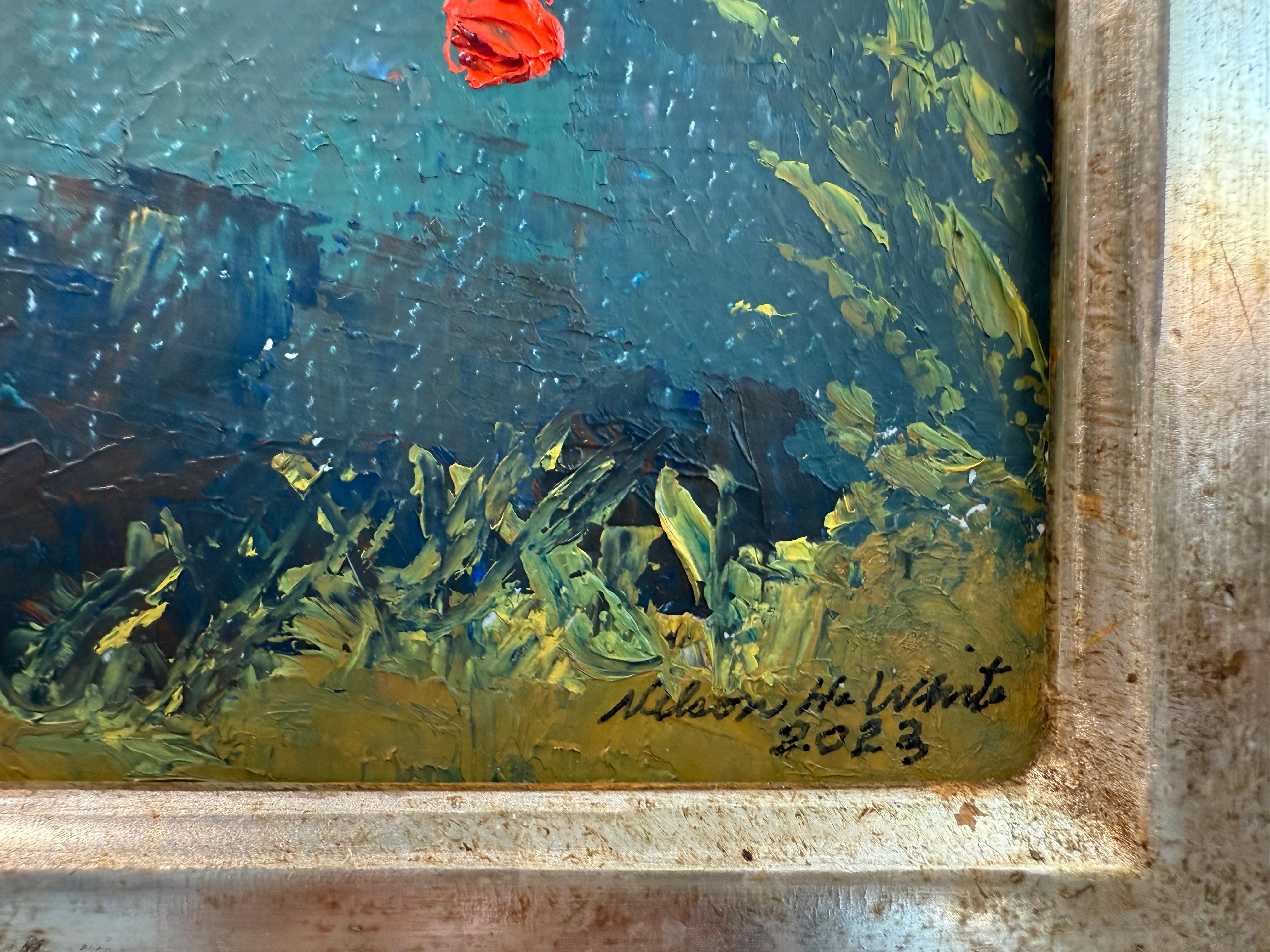 Un óleo a pequeña escala de tres flores rojas sobre un fondo verde oscuro. Tan impresionista que es casi abstracto. 15 cm de alto x 10 cm de ancho, y enmarcada en un marco dorado hecho a mano en Italia. 

Dimensiones enmarcado: 10 x 8