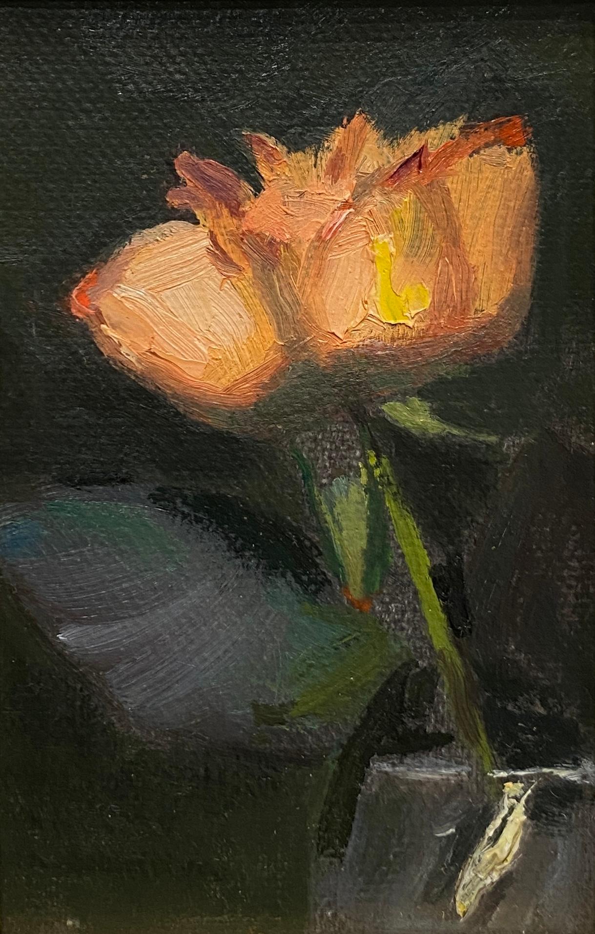„Die Rose 03.12.2014“ Realistisches Ölgemälde, Rose in Vase mit schwarzem Hintergrund