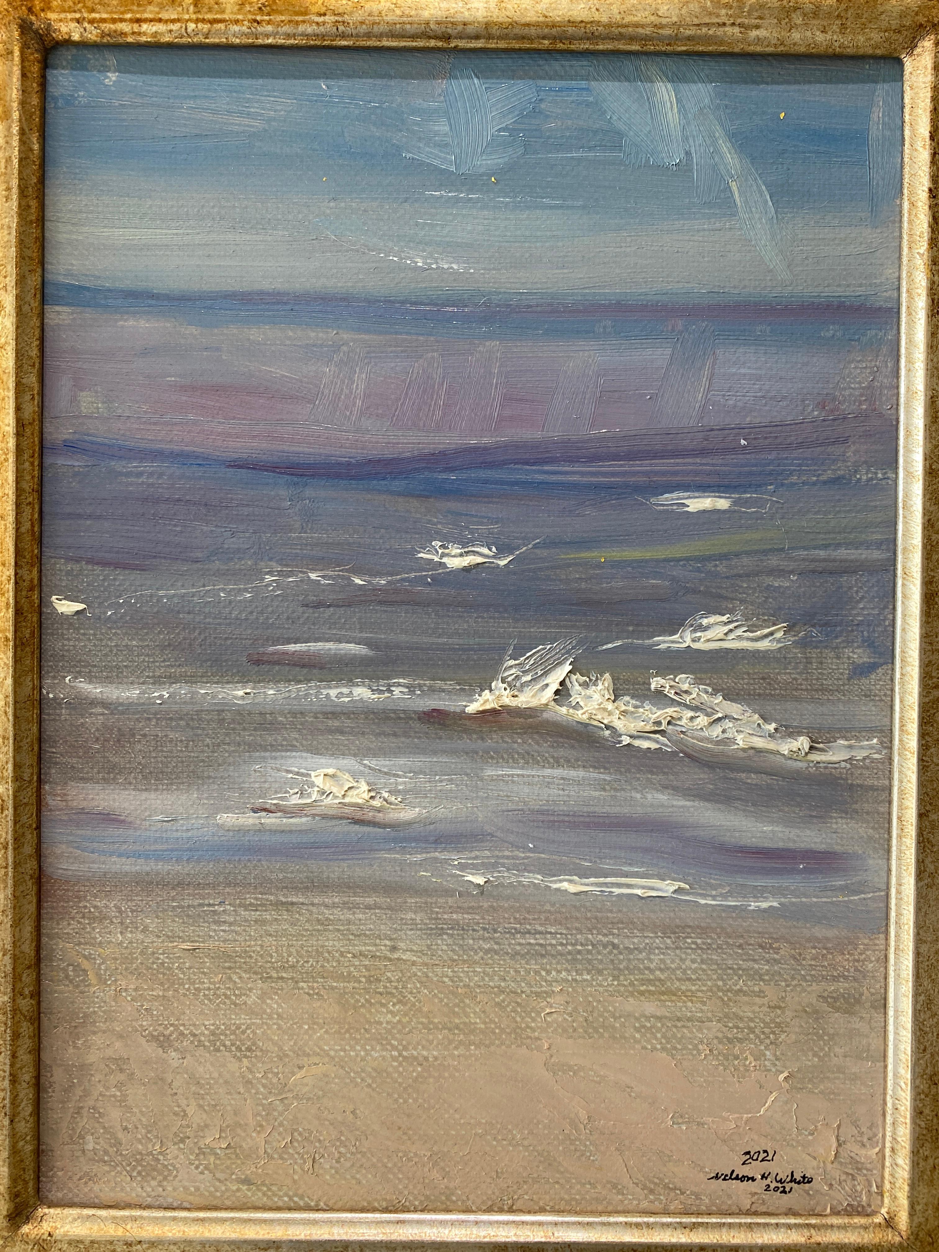 White displays a multitude of shapes and colors a wave makes throughout its motion in this plein-air painting. The water blends in with the sky in the background and the sand in foreground. The textures are created by his palette knife. 