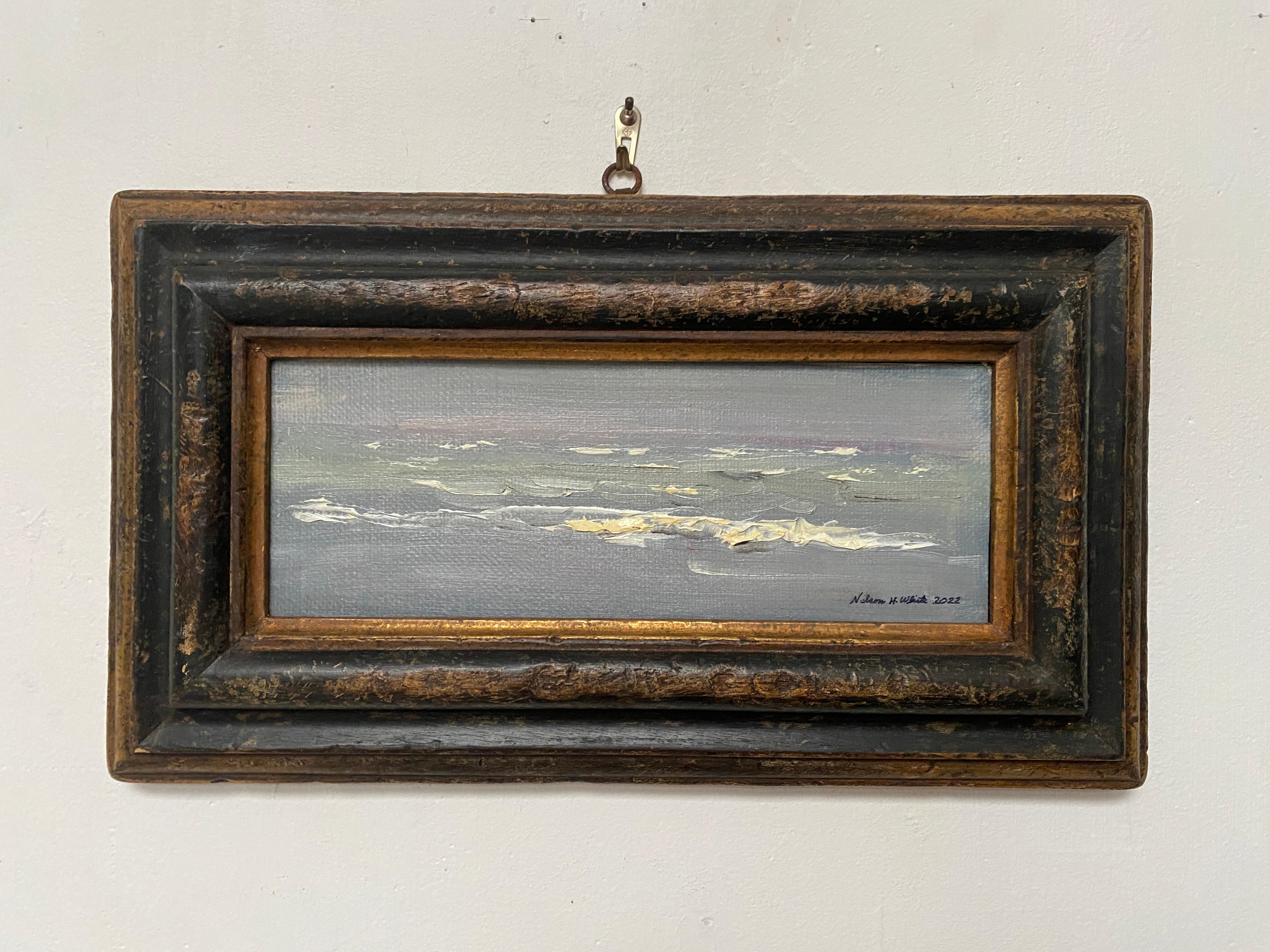 A close study of the warm September waves on Long Island. 

Framed Dimensions: 9.5 x 16.5 inches
Antique custom wood frame - made in Italy
Top-loop hardware

Artist Bio
Nelson H. White was born in New London, Connecticut in 1932. White has been
