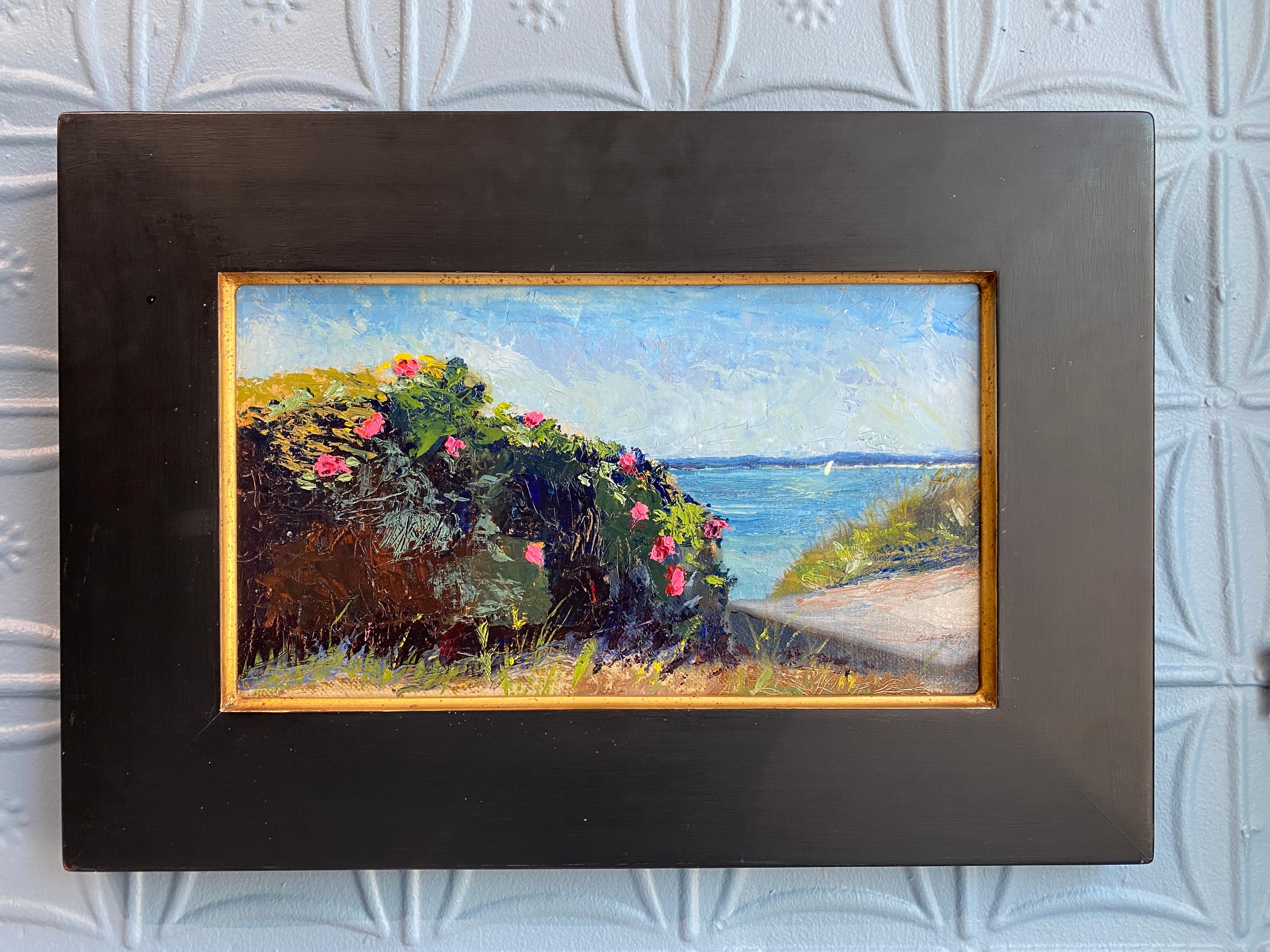 Oil Painting of a rose bush, on a bright sunny day. A rose bush, backlit and mostly in shadow, dominates the foreground, adorned with spots of hot pink roses. Crisp blues and light purples make up the sky above, the horizon meets distant land across