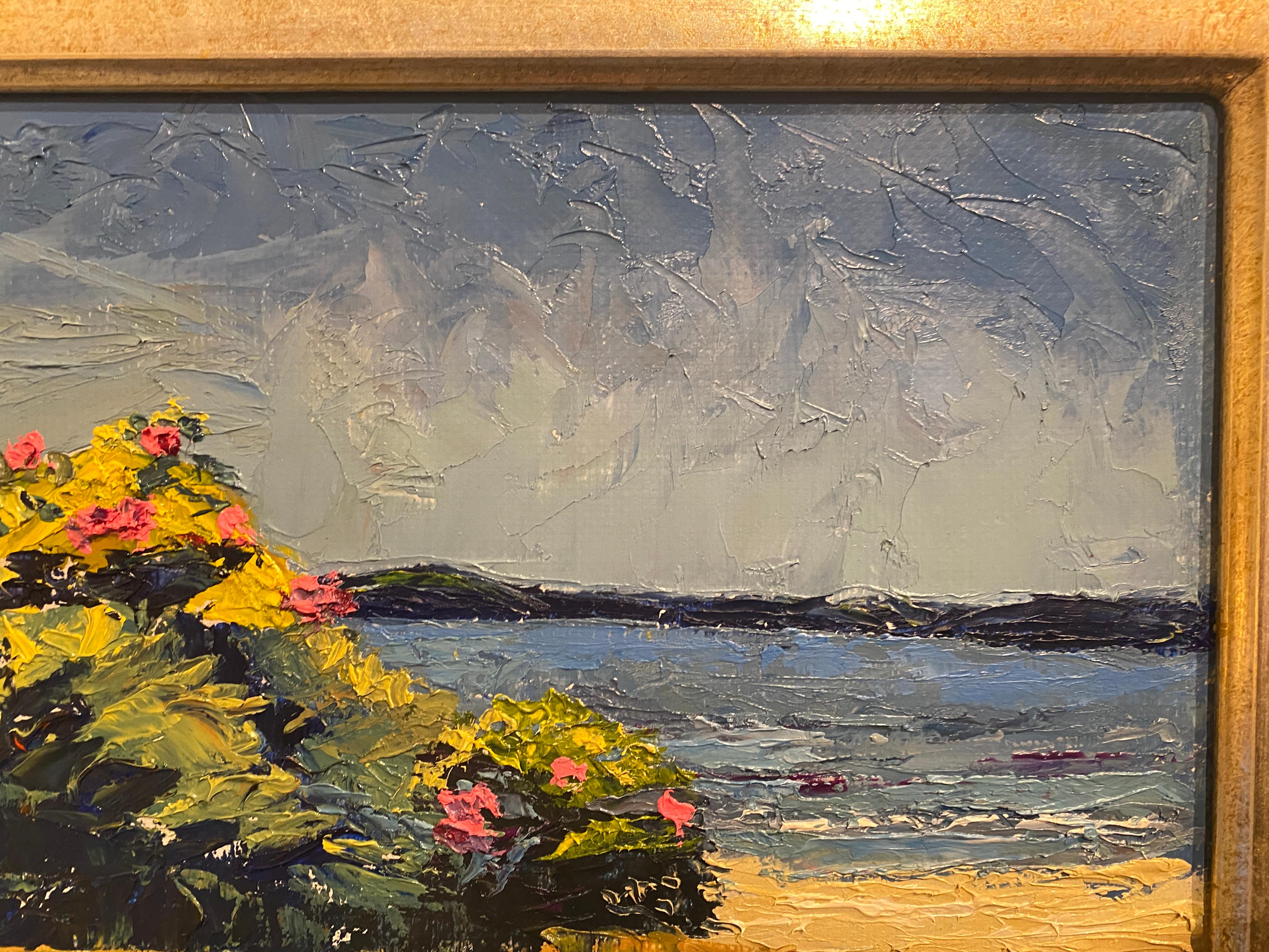 Oil Painting of a rose bush, on a bright sunny day. Crisp blues make up the sky above, the horizon meets distant land across a body of water. bright greens and yellows make up a verdant bush, whit spots of hot pink roses. Sandy dunes make up the