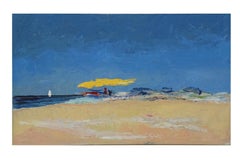 "Gli ombrelli gialli" paesaggio americano impressionista di spiaggia con cielo blu, impasto
