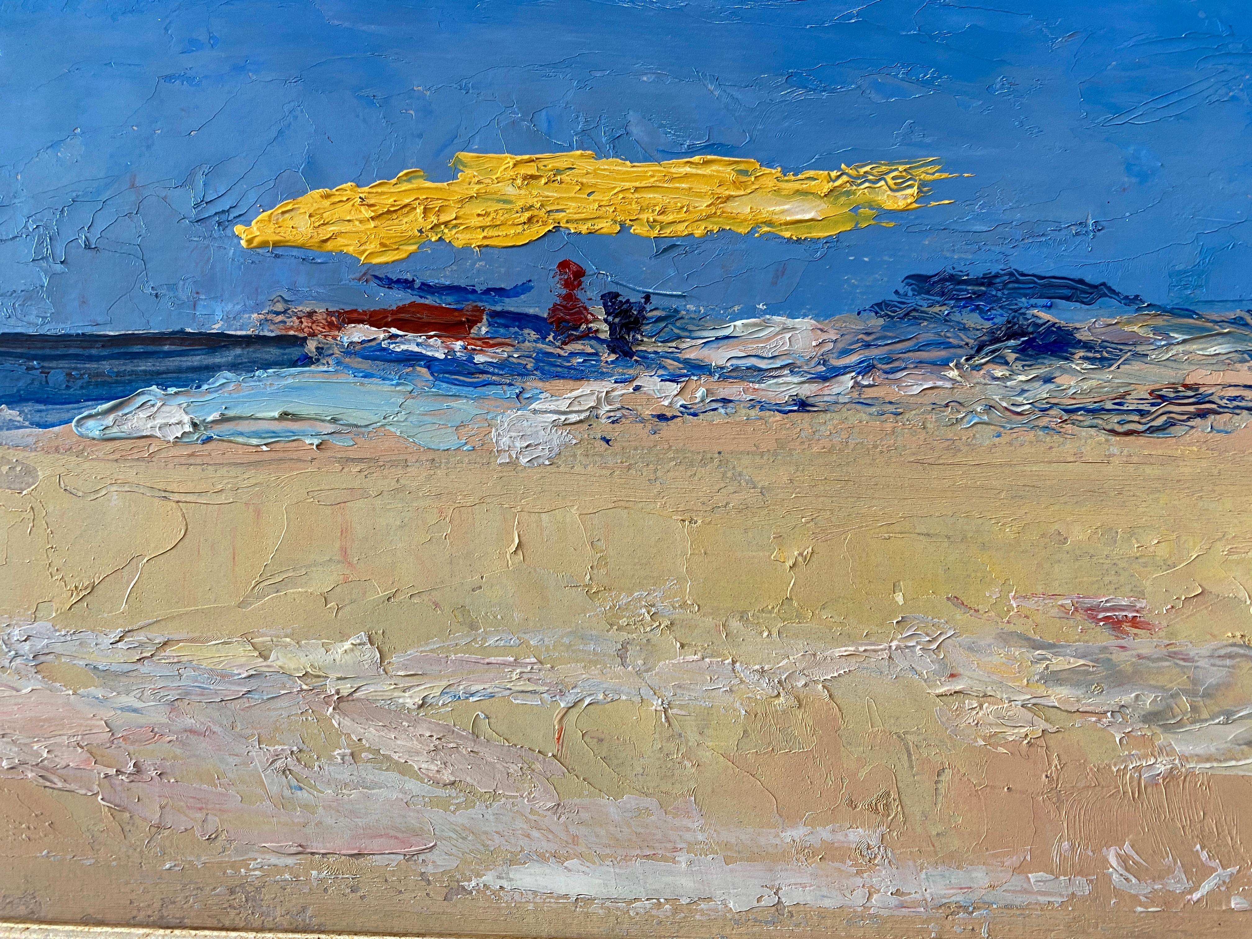 White does a twist on his classic yellow umbrella motif with this impasto abstract yellow halo that hovers above lounging beachgoers. Painted en plein air.