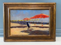 „Viareggio Italy II 04.12.2008“ – Ölgemälde, Strandszene mit roten Schirmen
