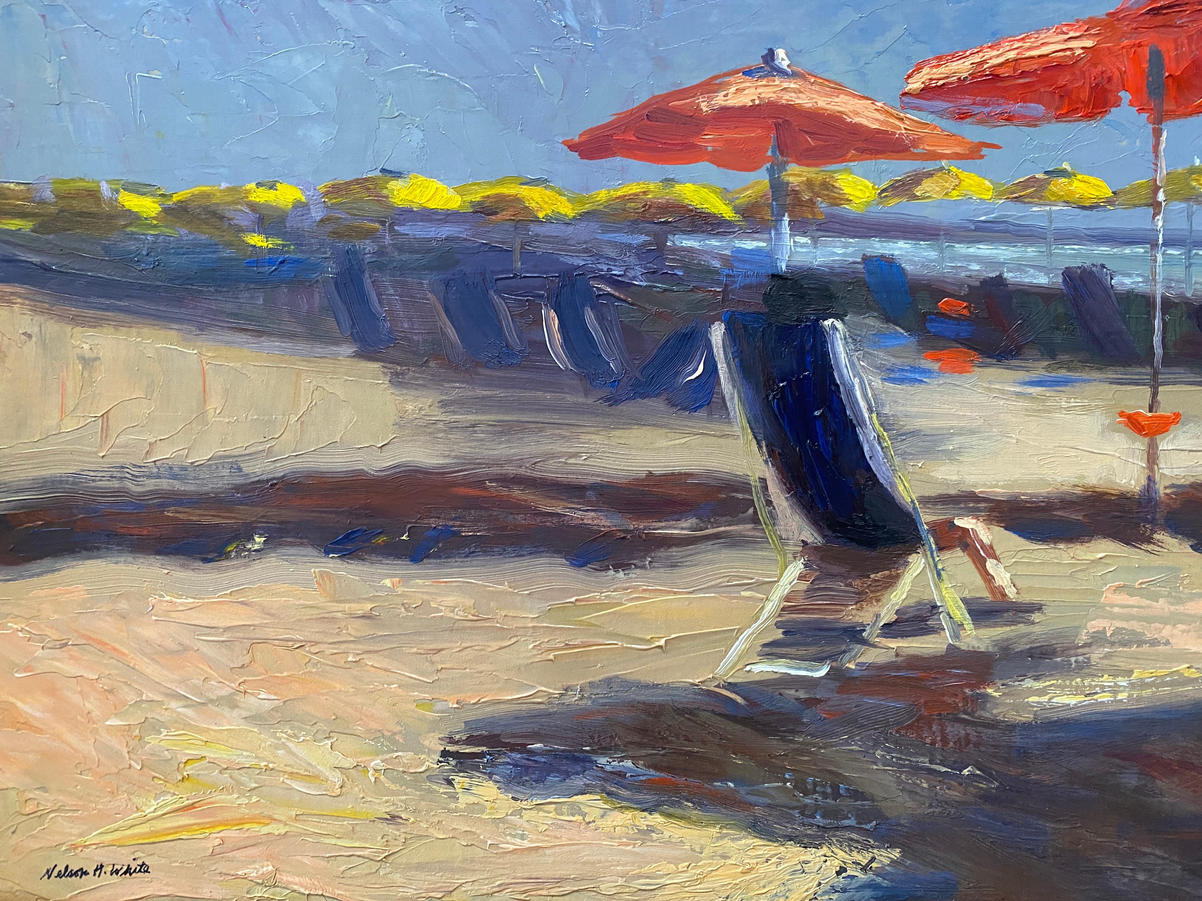 A quintessential Nelson H. White painting, with the iconic red umbrellas found on the Italian Coast. Thickly painted, in oil paint, on site at the beach, or en-plein-air,  a blue sky soars above a sandy shore, intersected by purple and crimson