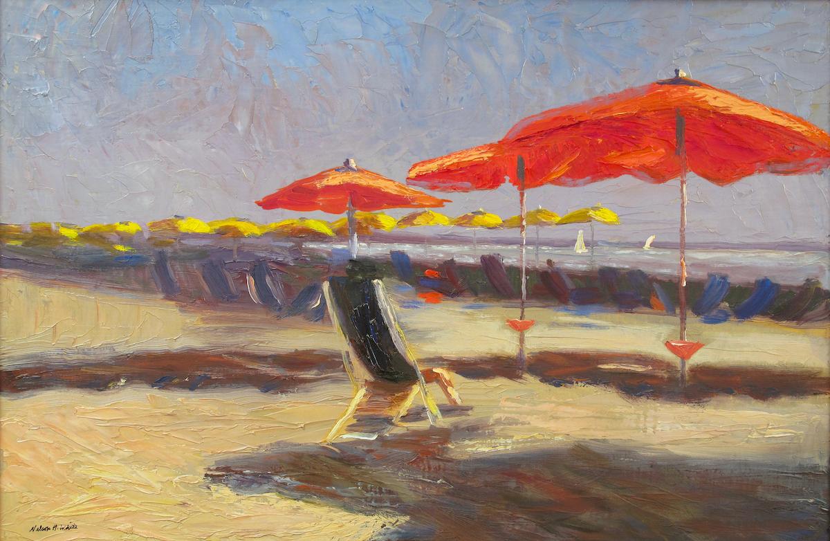 Nelson White Still-Life Painting - "Viareggio Italy II 04.12.2008" - oil painting, beach scene with red umbrellas