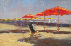 "Viareggio Italy II 04.12.2008" - oil painting, beach scene with red umbrellas