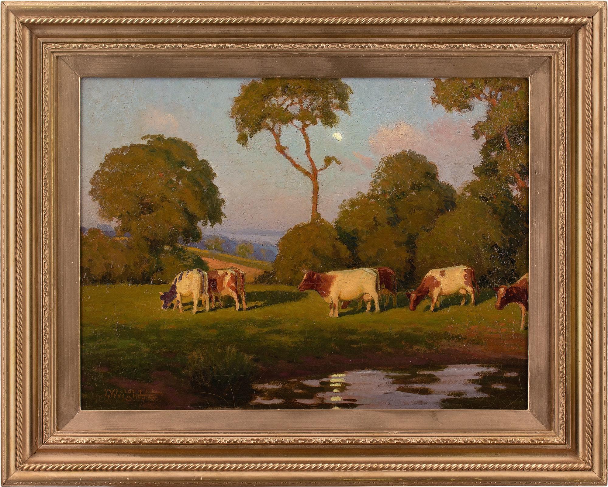 This early 20th-century oil on canvas by British artist Nelson Wright (1880-1930) depicts several cattle grazing alongside a shimmering pond. It’s a tranquil Summer’s day in the English countryside.

Works by this artist are hard to track down but