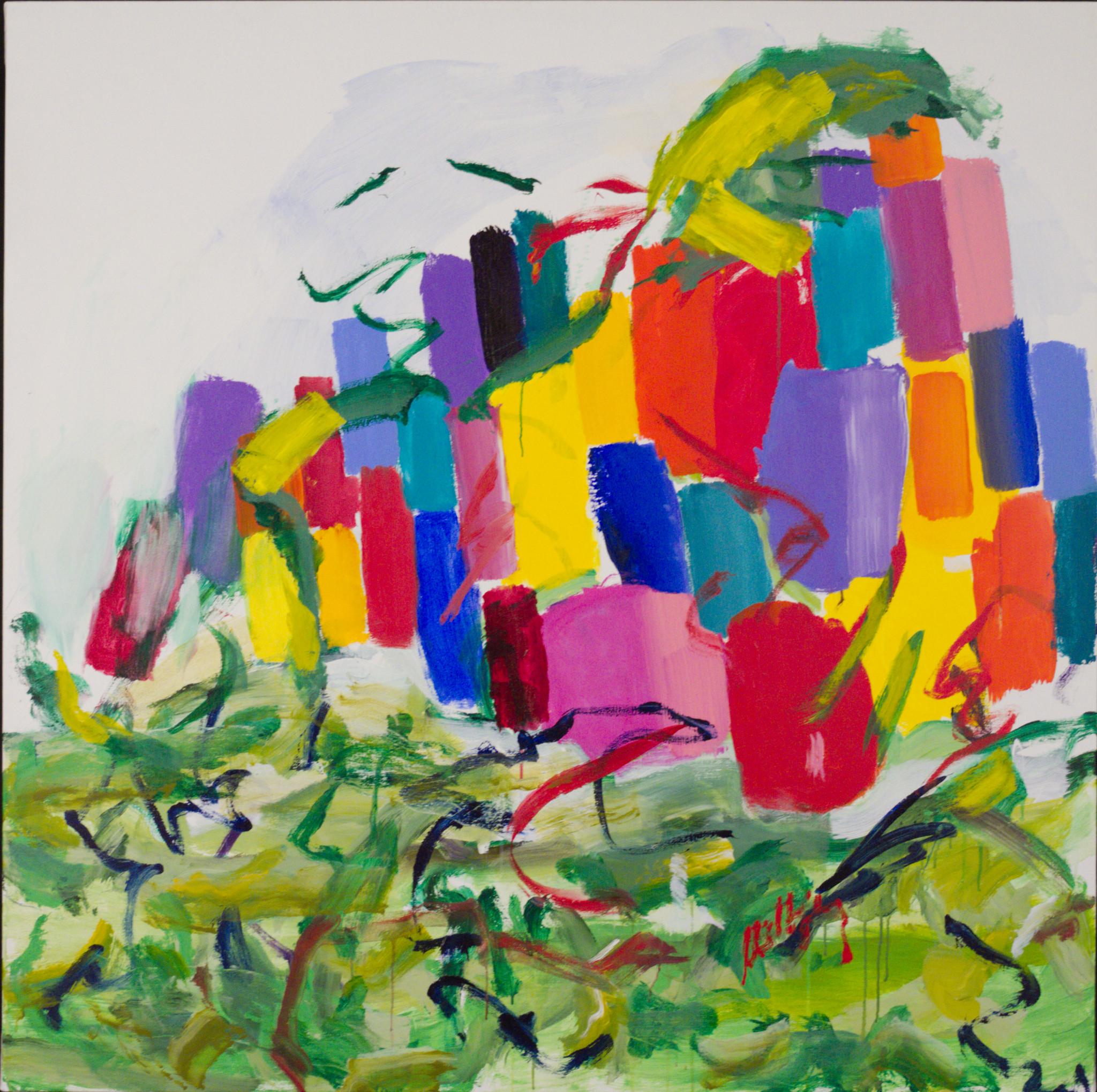Abstract Painting di Neltje - Ritorno al prato - Colori vivaci 60 X 60
