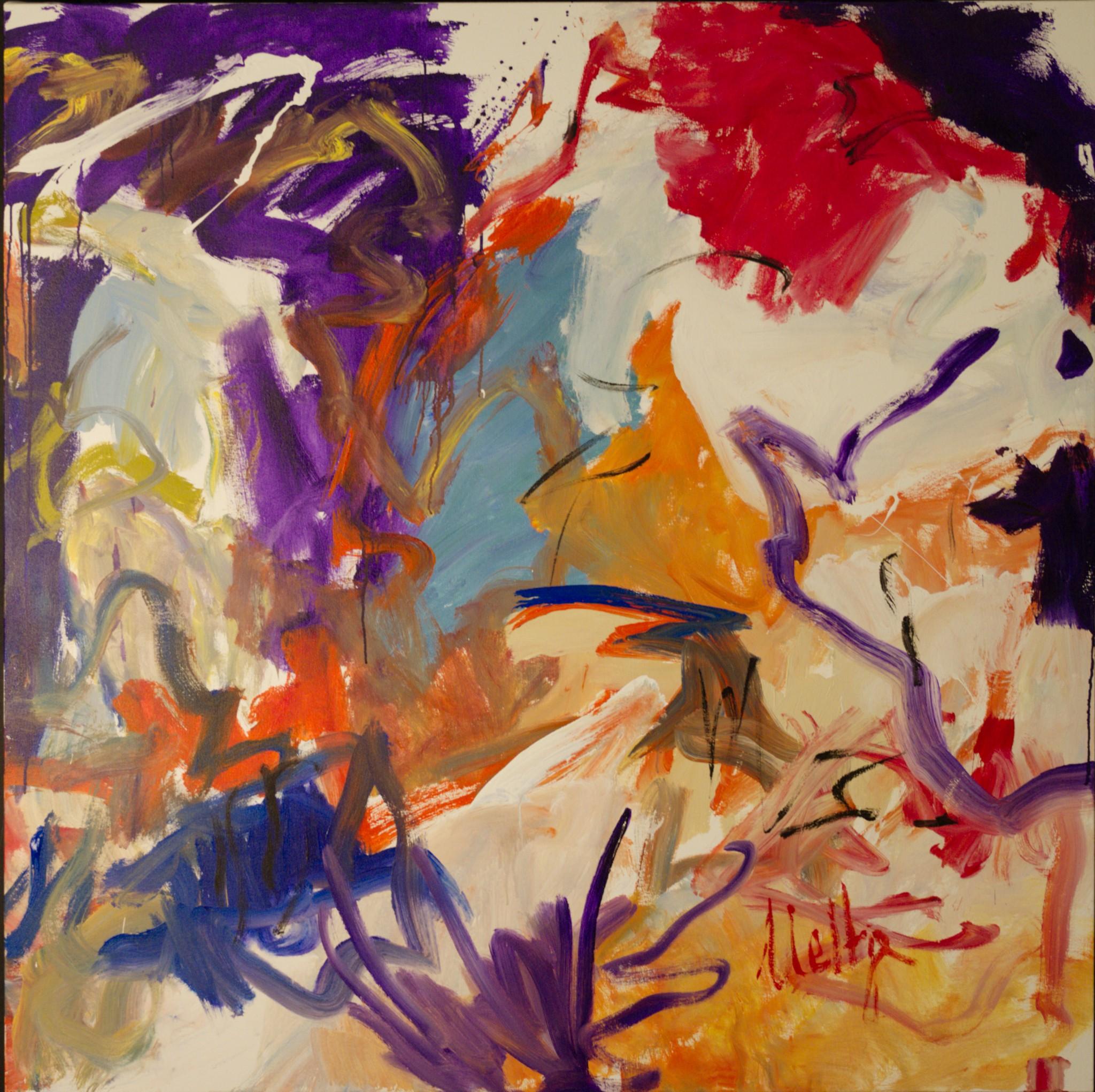 Neltje Abstract Painting - Scent of Summer-Purple Cream and Red 60 X 60