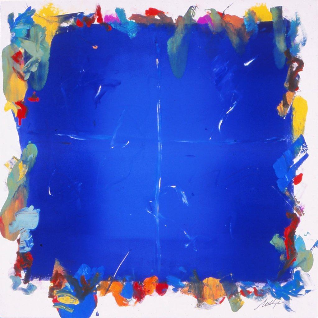 Sweep II- Blaue Monotypie 30 X 30 – Print von Neltje