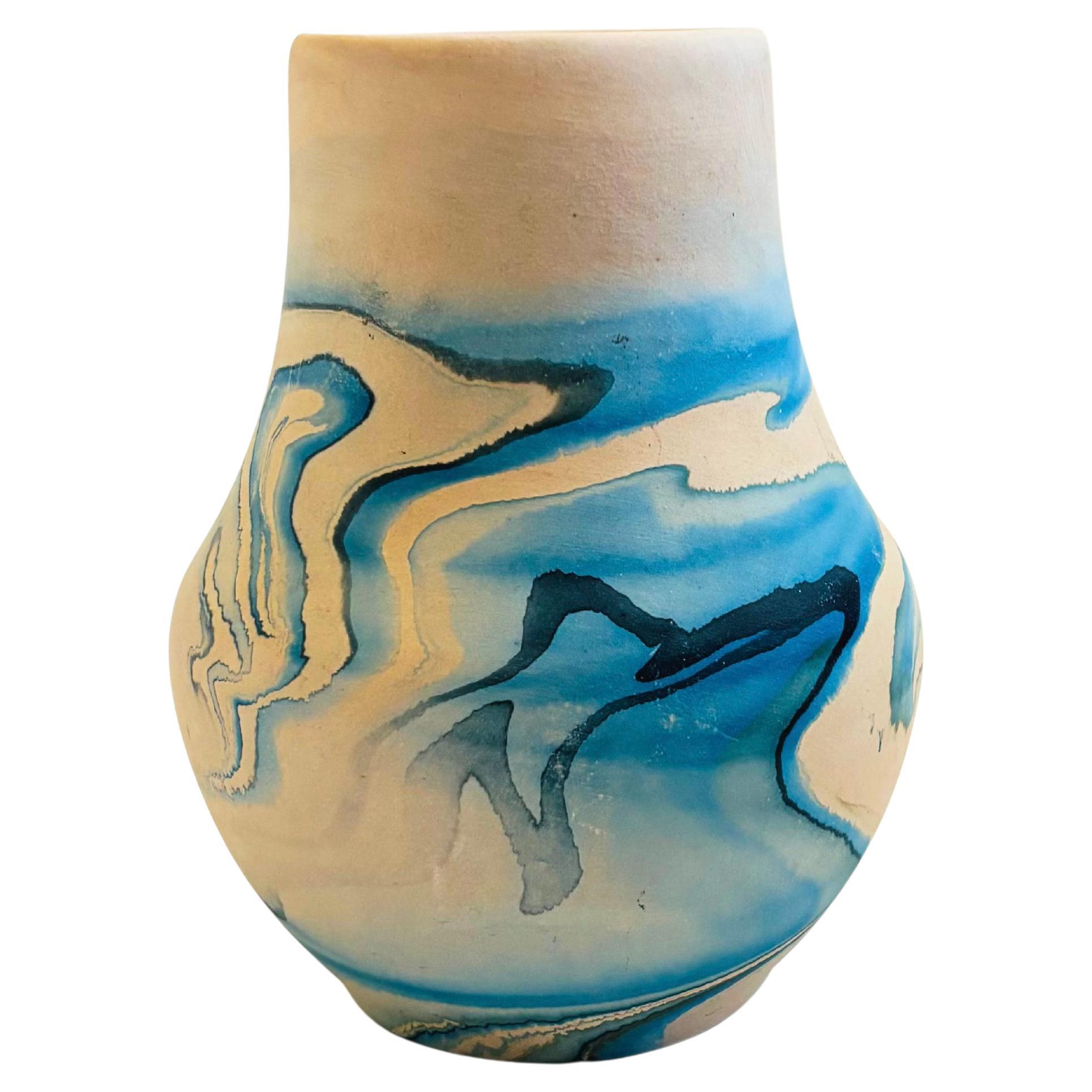 Nemadji Pottery Vase - Blue Swirls