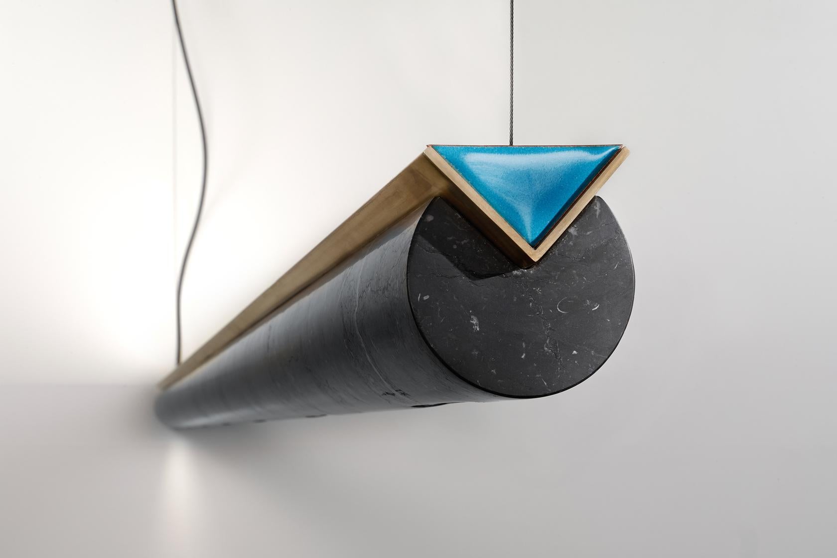 Nemesi, Led Linear Pendant Lamp in Marble and Brass with Enamelled Copper Details In New Condition For Sale In Venezia, VE