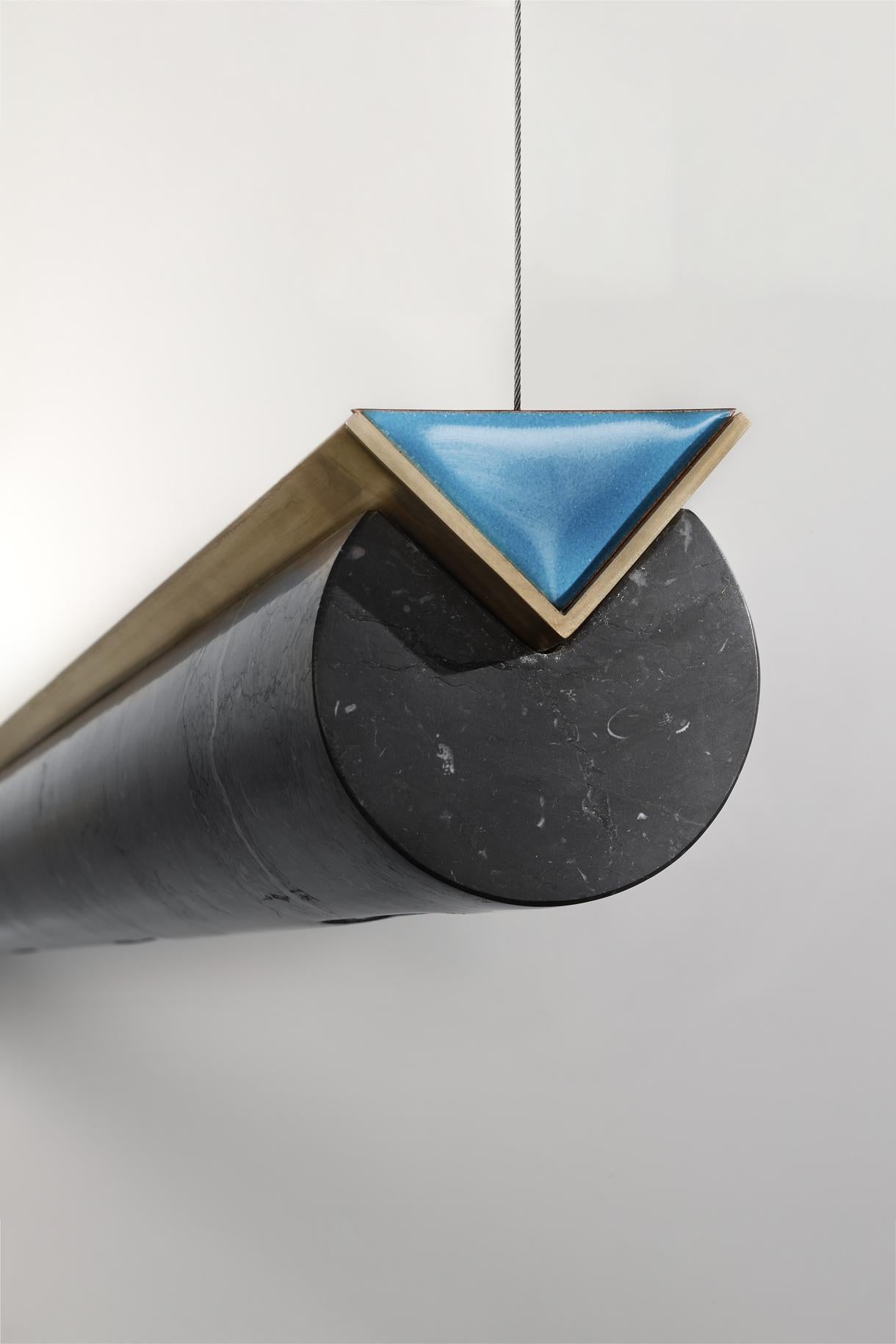 Contemporary Nemesi, Led Linear Pendant Lamp in Marble and Brass with Enamelled Copper Details For Sale