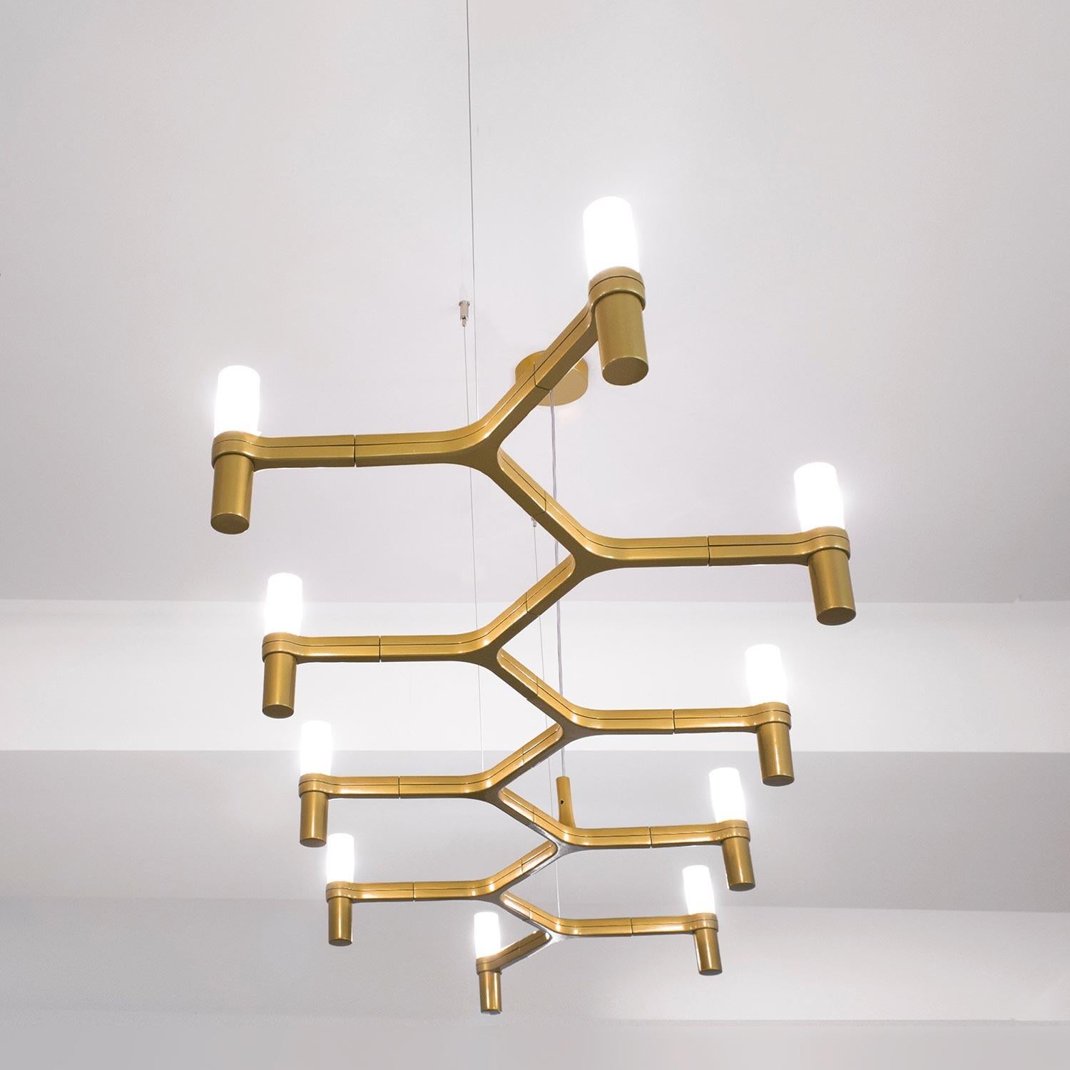 Lampadario a sospensione la cui forma si ispira al profilo del cristallo di neve. Lampade modulari con struttura in alluminio pressofuso e diffusori in vetro sabbiato. La struttura è disponibile in diverse finiture: alluminio lucidato a mano,
