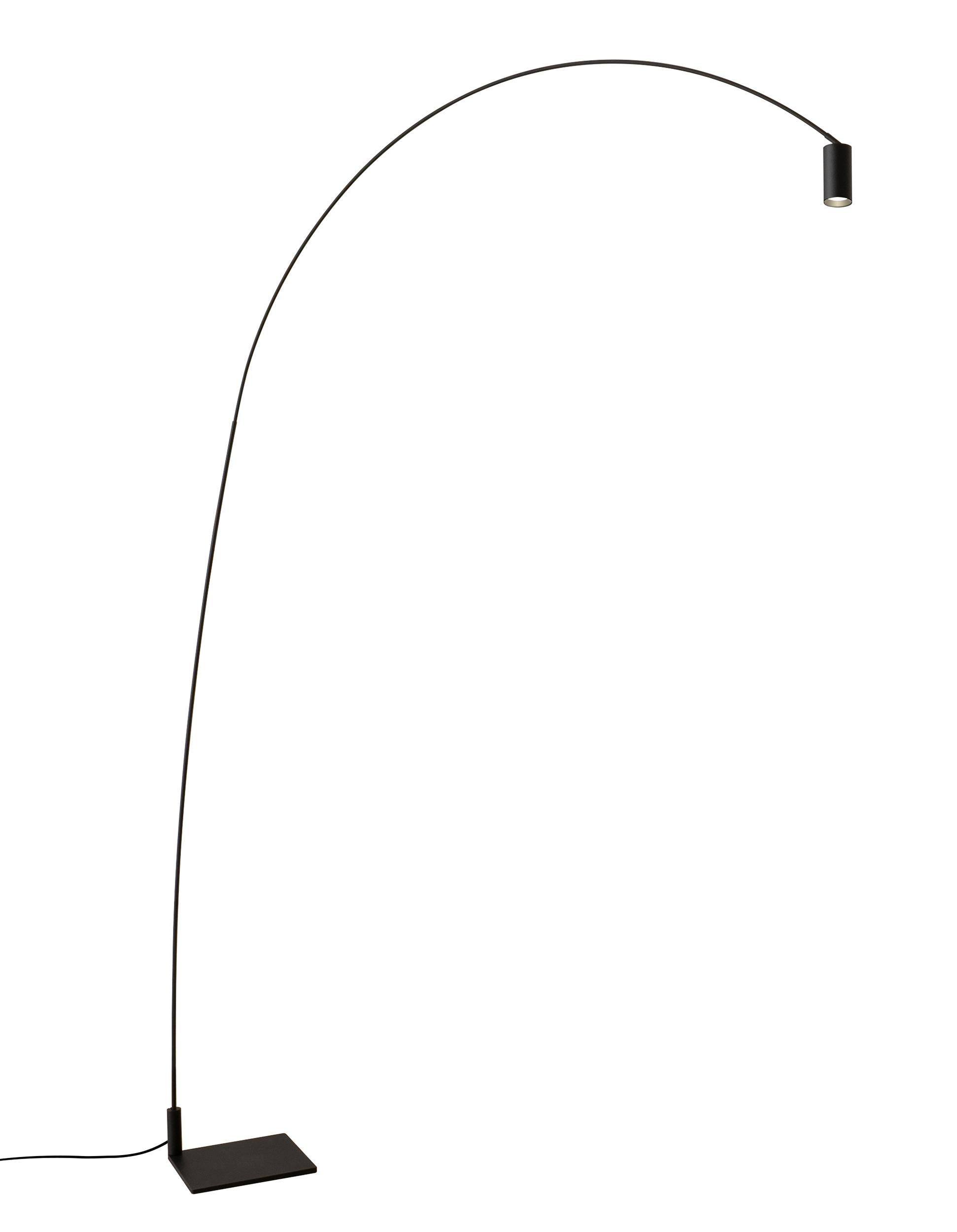 FOX is a dimmable LED floor lamp. Steel matte black painted structure and base. Aluminum spot with optional honeycomb filter for antiglare. Its slewing arc and its directable cylindric head allow to flexibly orientate the light beam for a consistent