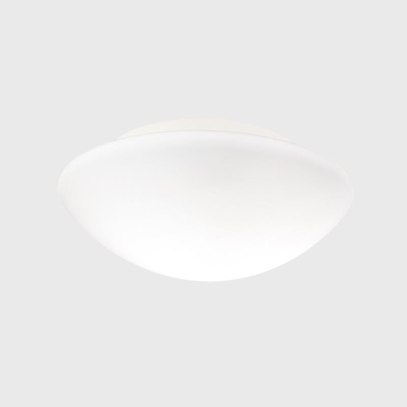 Decorative flushmount series offering a complete range of sizes and lamp options. Diffuser made with triplex blown glass for excellent light diffusion. Body is painted white with matt opal white glass and hidden screws. Wall or ceiling mount to a